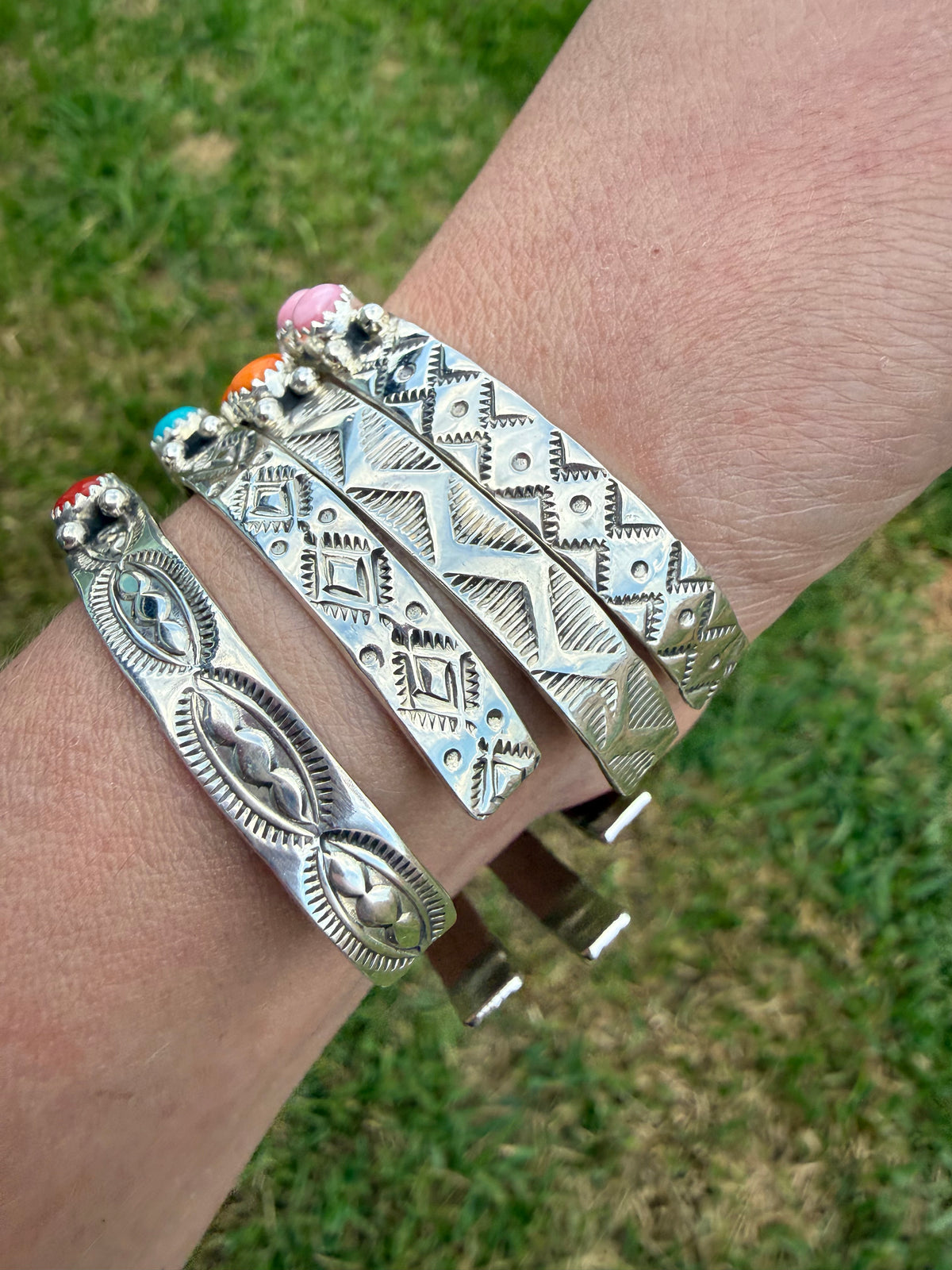 Navajo Turquoise or Multi Stone half Infinity Stone Sterling Silver Cuff