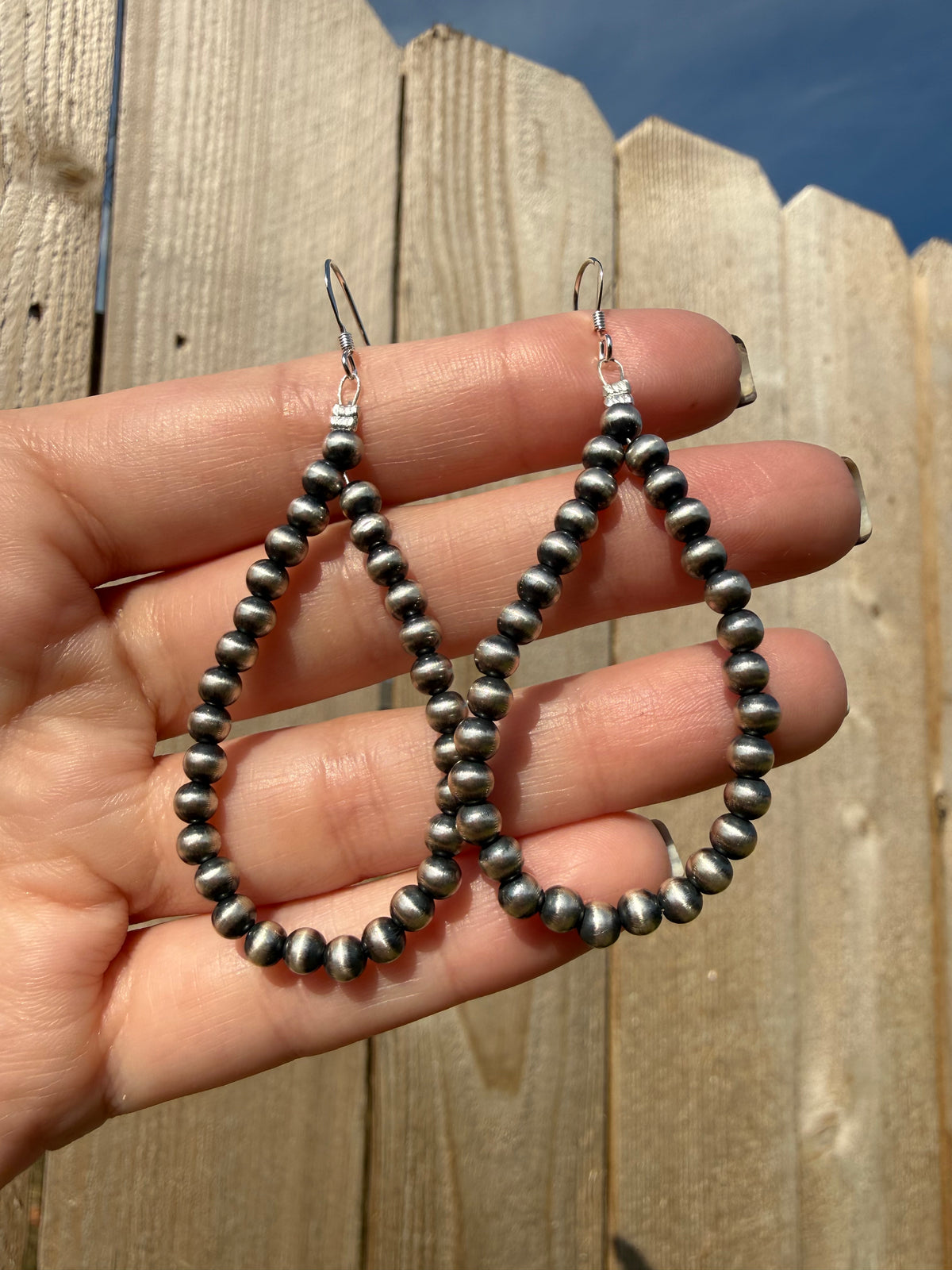 Navajo Strung Desert Pearl Sterling Silver Drop Hoop Earrings
