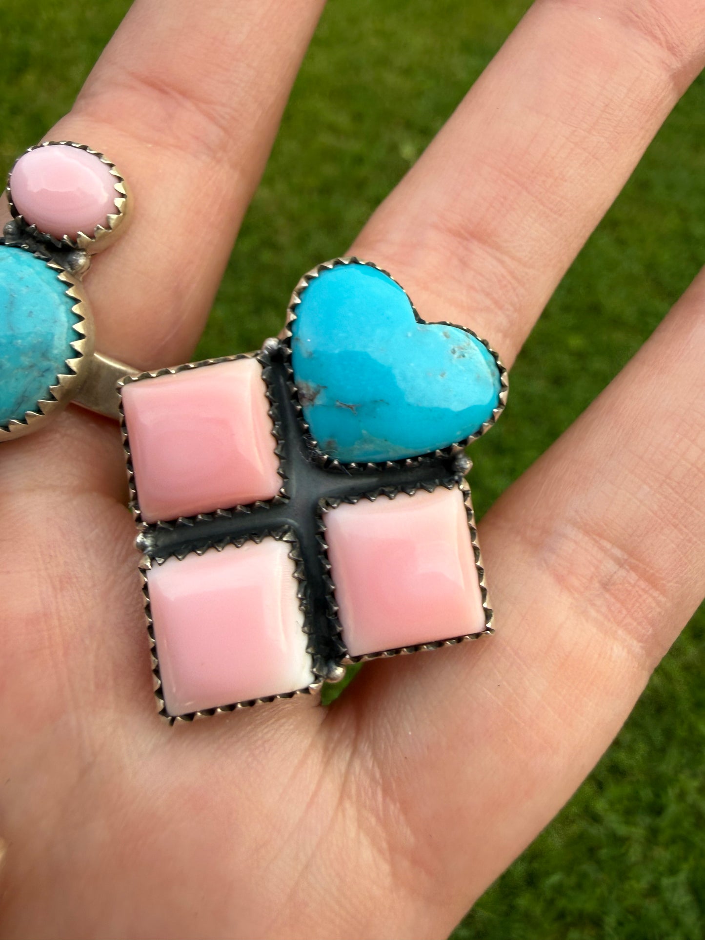 Pink Conch And Kingman Turquoise Necklace or Adjustable Ring