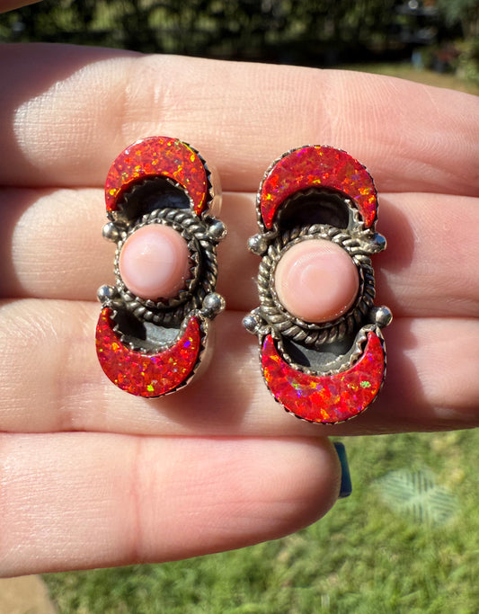 Pink Conch And Red Balloon Opal Moon Sterling Silver Stud Earring