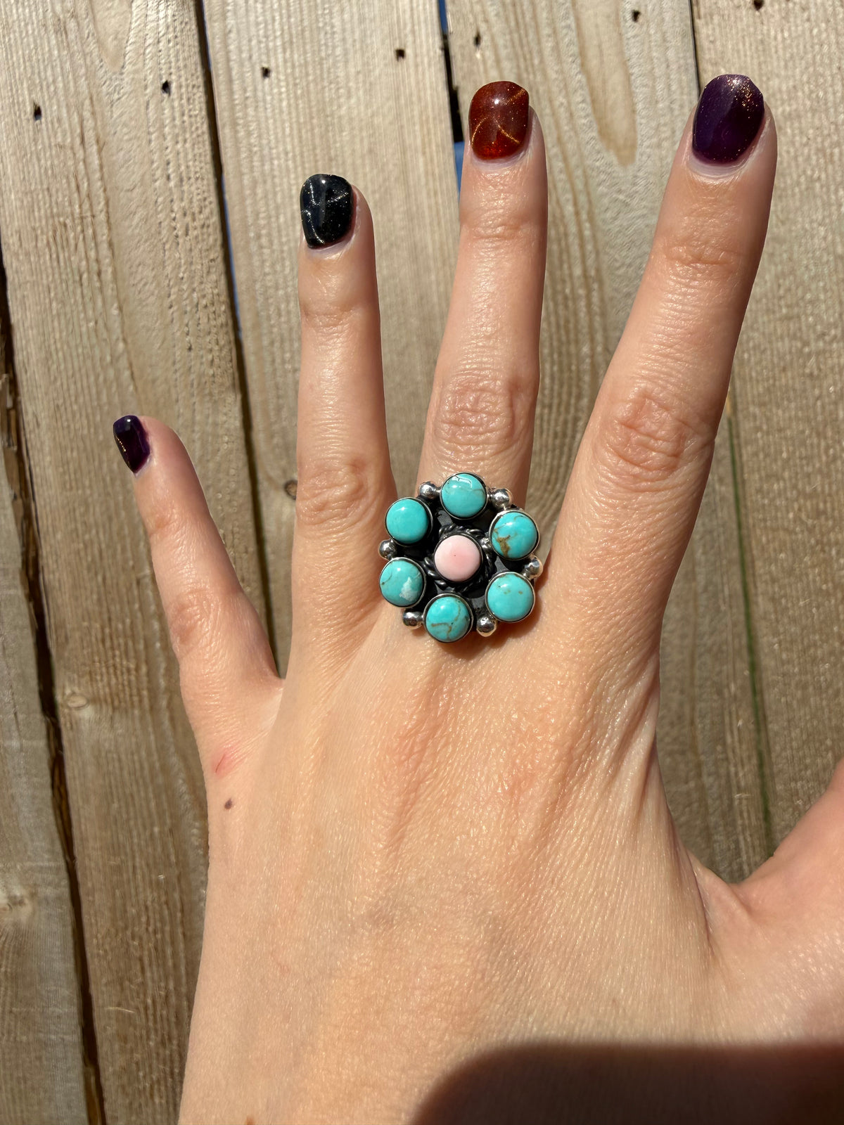 Navajo Turquoise and Pink Conch Full Flower Sterling Silver Ring - Size 6