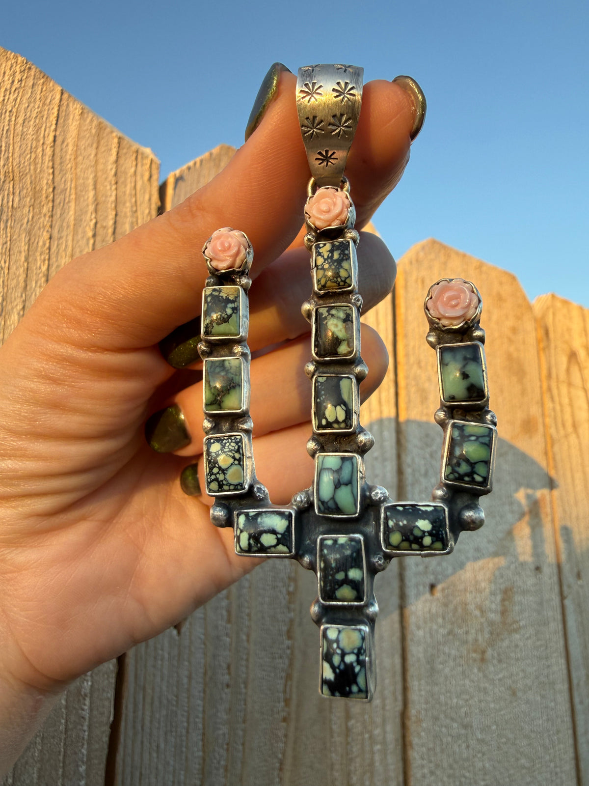 Navajo Blackjack Turquoise Cactus with Carved Pink Conch Flower Sterling Silver Handmade Pendant