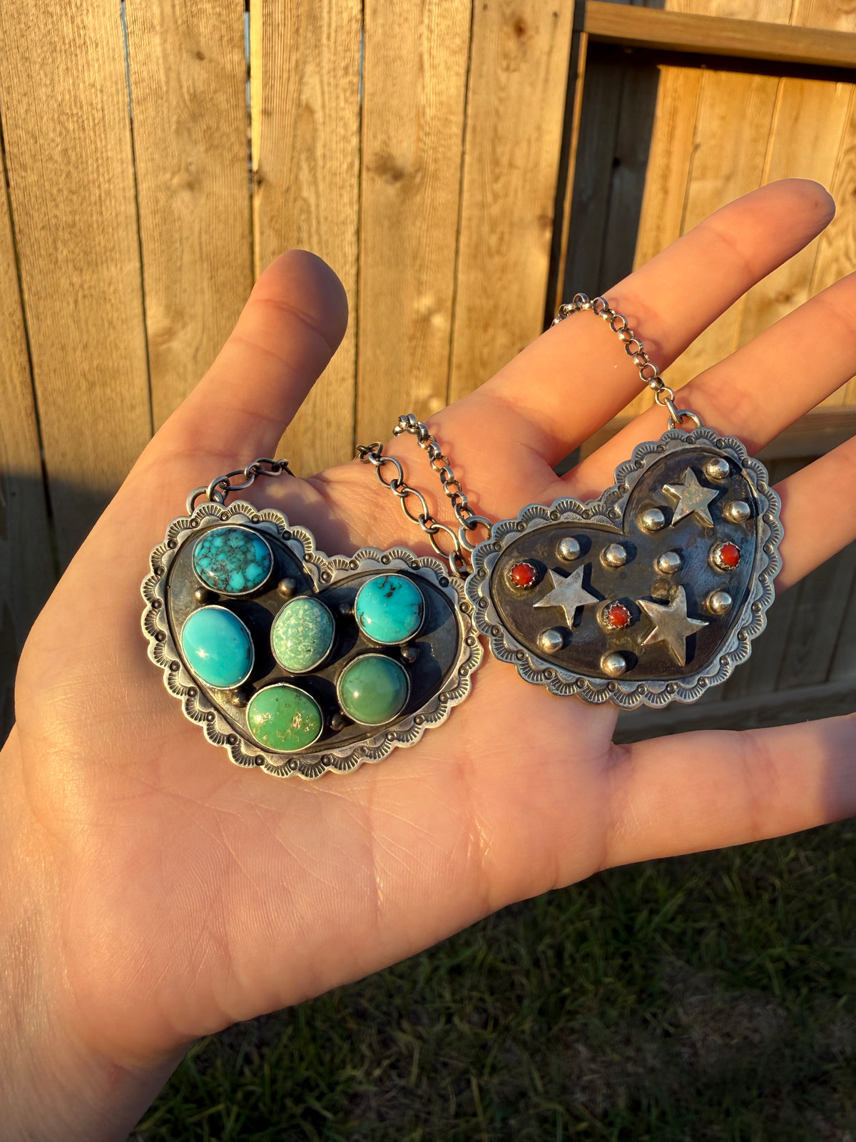 Navajo Turquoise or Coral Star Heart Cluster Sterling Silver Handmade Necklace