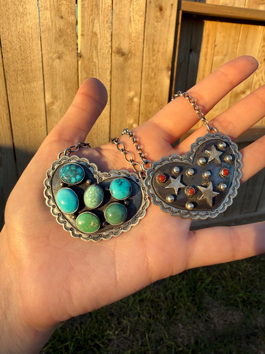 Navajo Turquoise or Coral Star Heart Cluster Sterling Silver Handmade Necklace