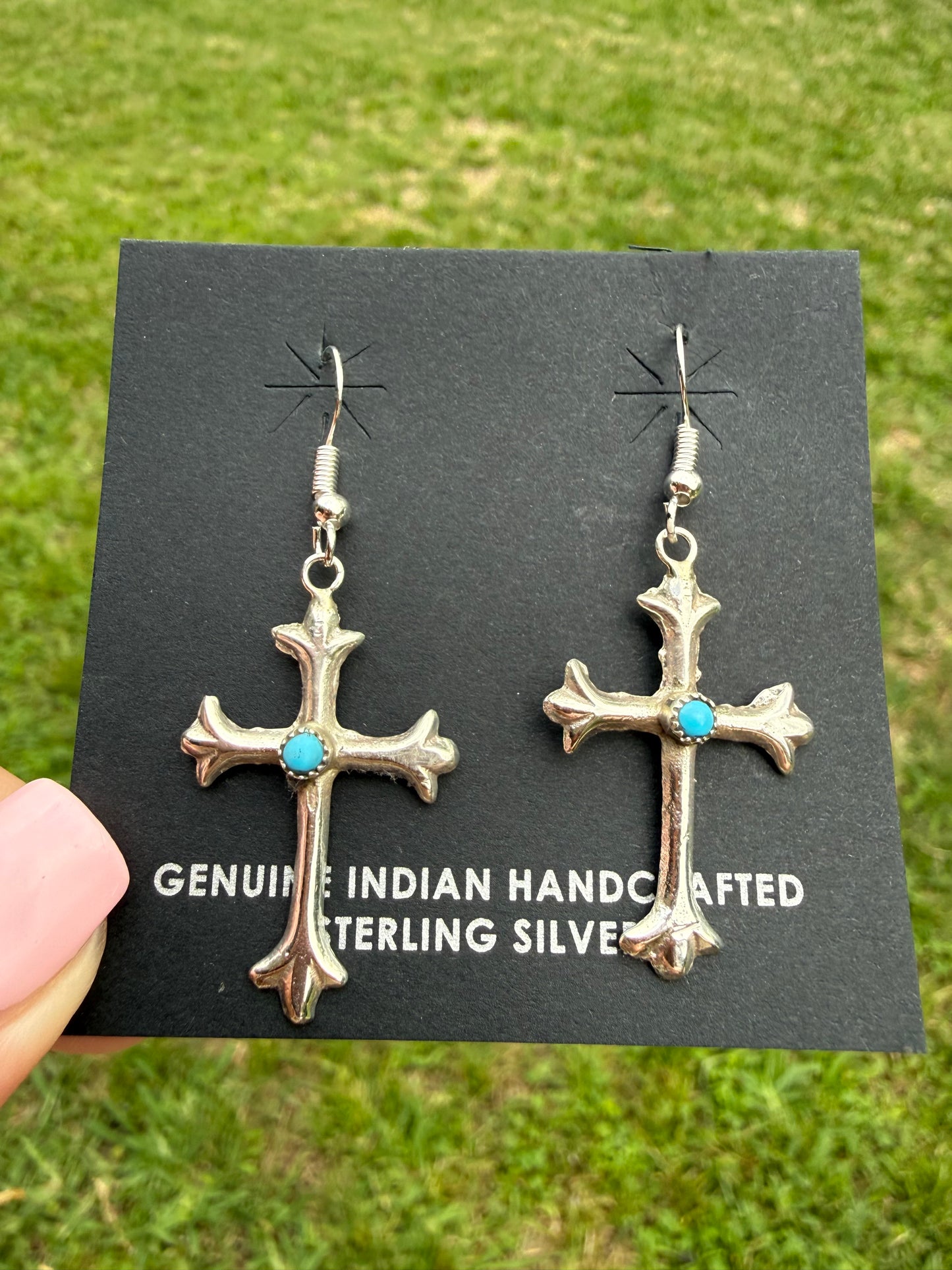 Navajo Turquoise Cross Sterling Silver Dangle Earrings