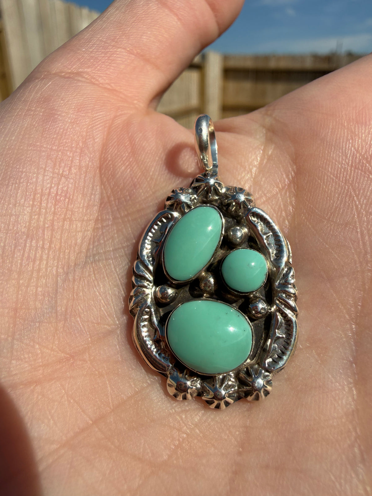 Navajo Turquoise Triple Stone Cluster Sterling Silver Pendant