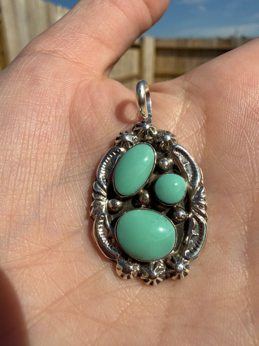 Navajo Turquoise Triple Stone Cluster Sterling Silver Pendant