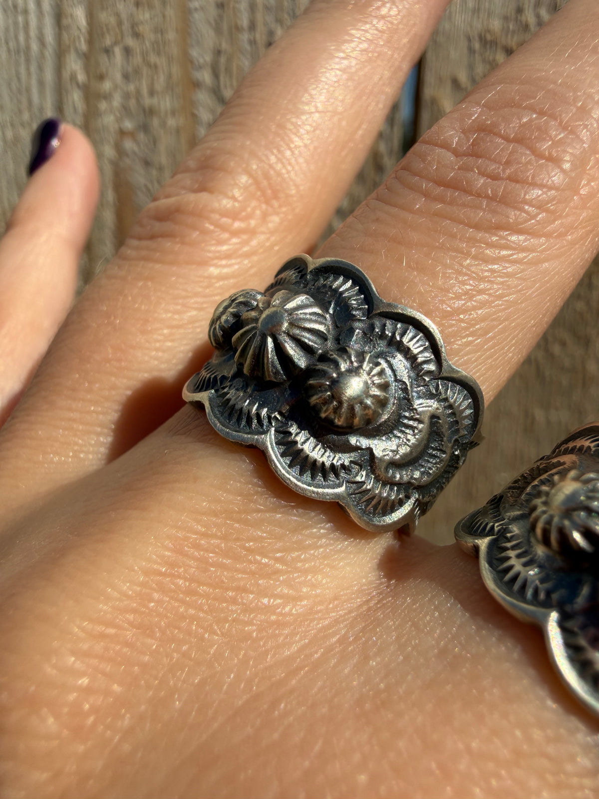 Navajo All Silver Cigar Band Sterling Silver Peyote Button Ring