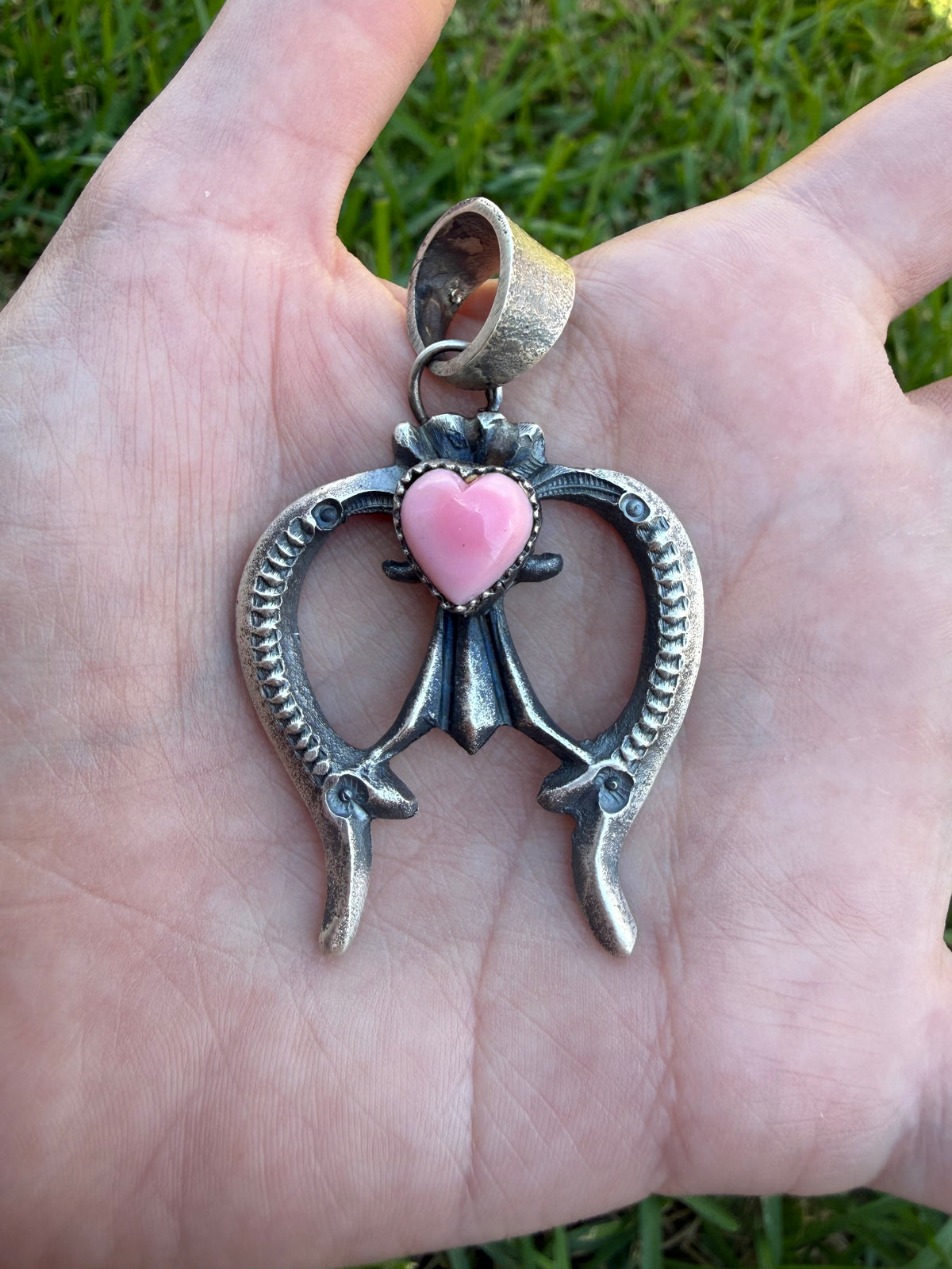 Navajo Pink Conch Heart Naja Sterling Silver Pendant