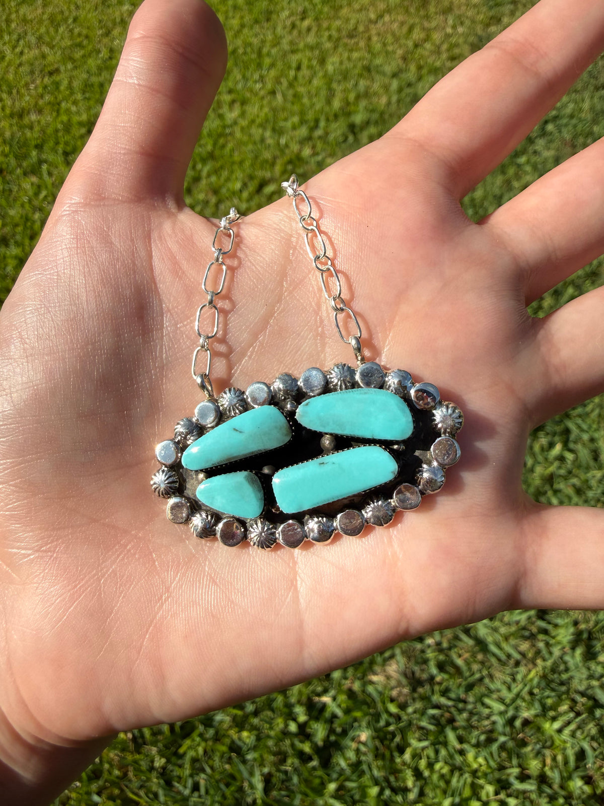 Navajo Turquoise 4 Stone Oval Cluster Sterling Silver Necklace