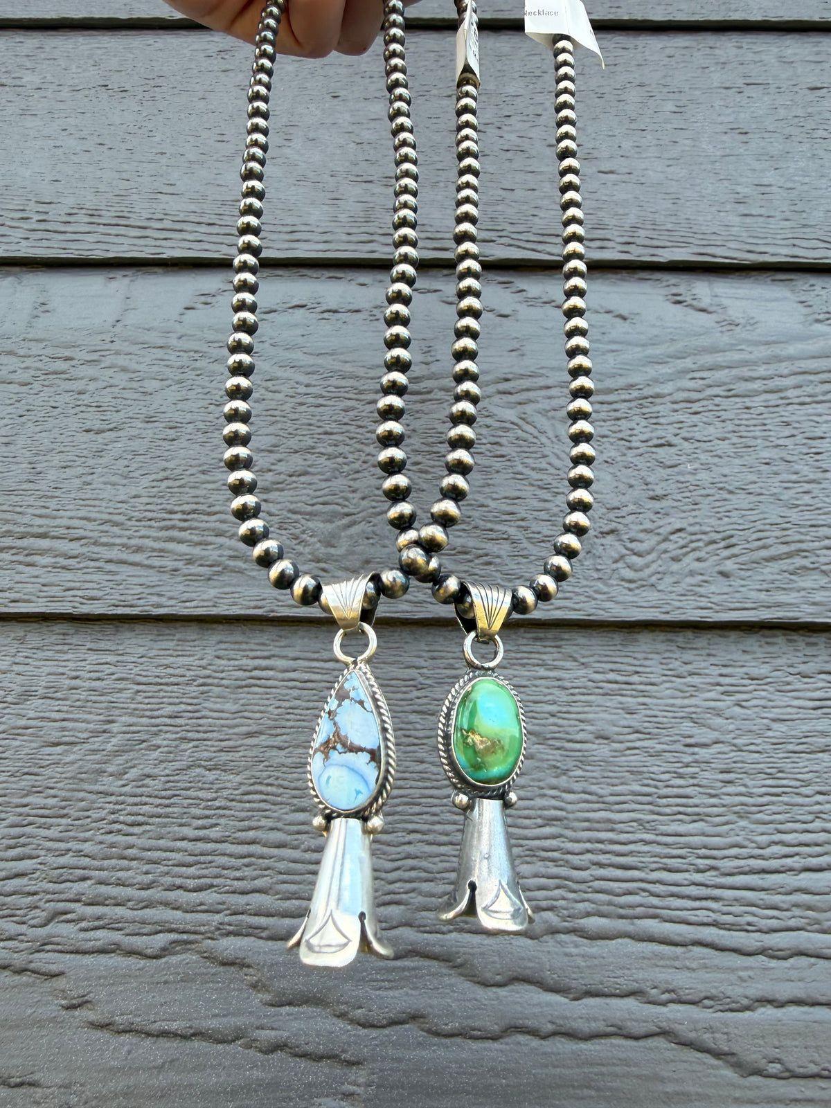 Navajo Premium Turquoise Squash Horn Sterling Silver Pearl Necklace by Sharon McCarthy