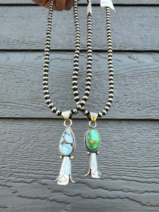 Navajo Premium Turquoise Squash Horn Sterling Silver Pearl Necklace by Sharon McCarthy