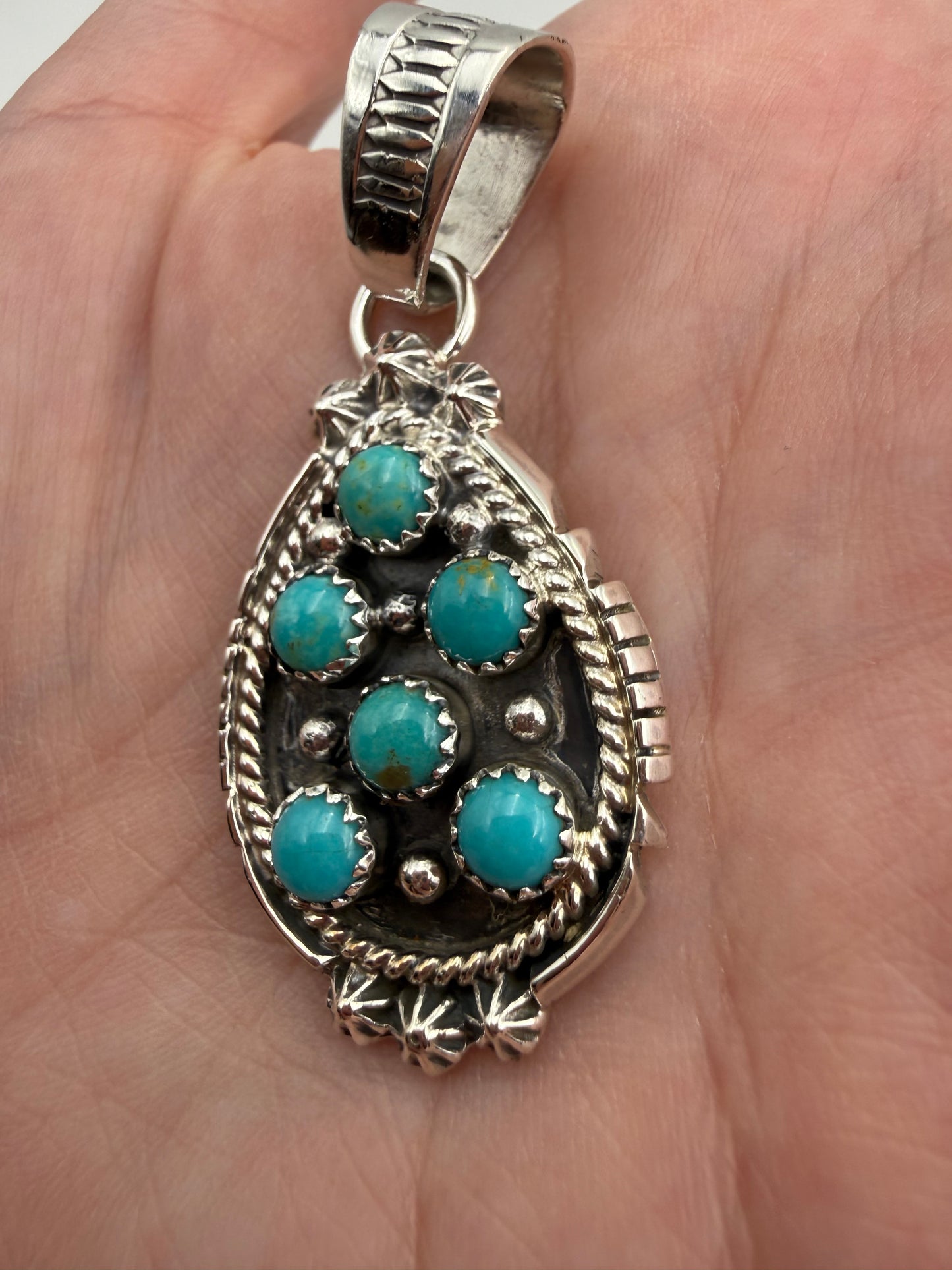 Native Turquoise Tear Drop Cluster Sterling Silver Pendant by Kenny Lonjose