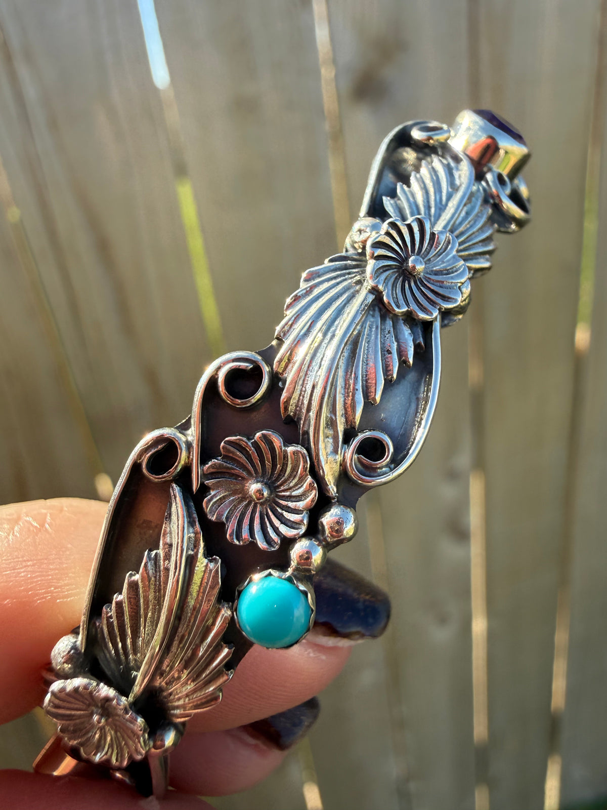Navajo Amethyst and Turquoise Flower and Detailed Accent Sterling Silver Bangle Cuff Bracelet