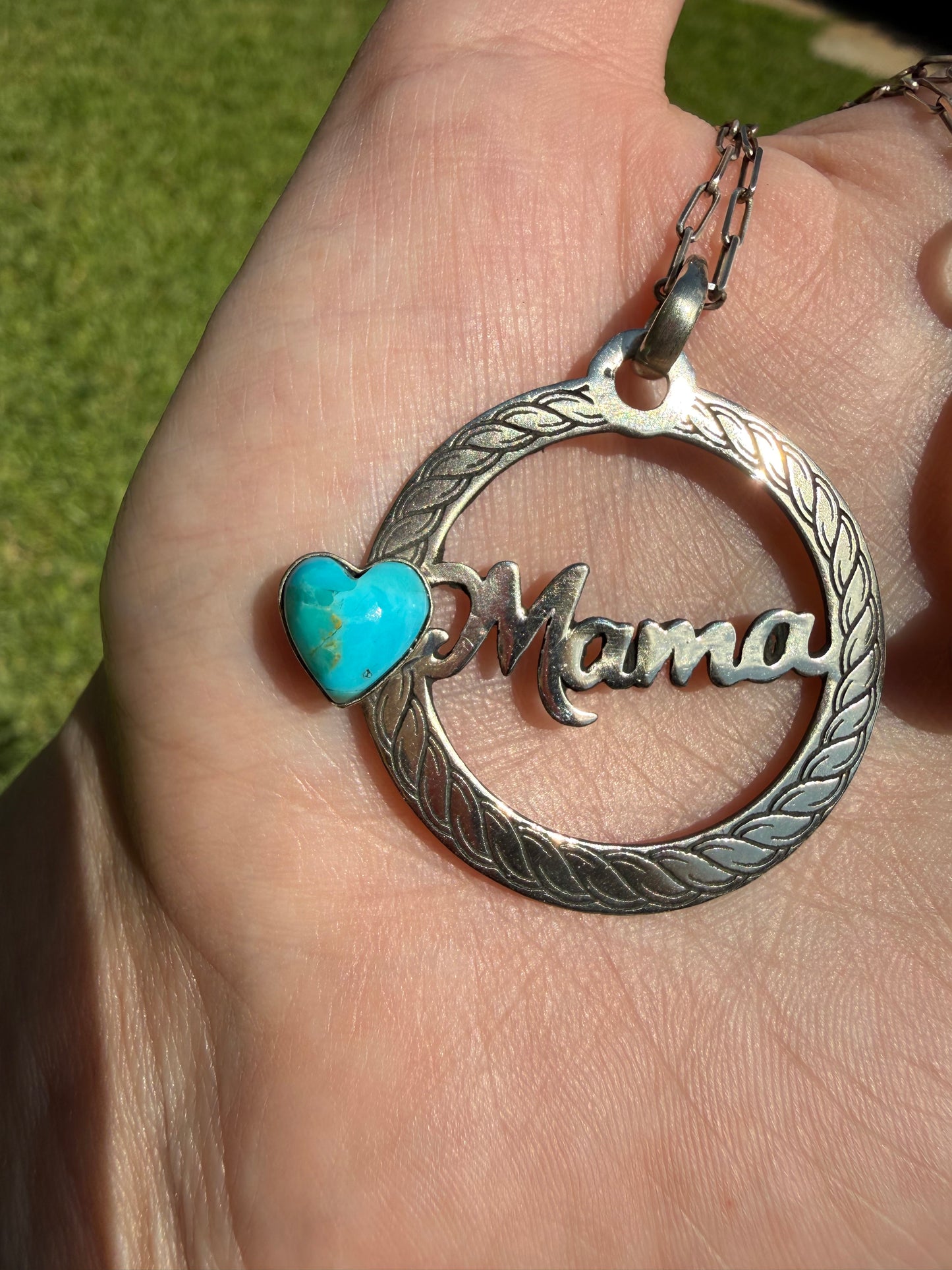 Mama Turquoise Heart with Circle Rope Sterling Silver Plate Necklace