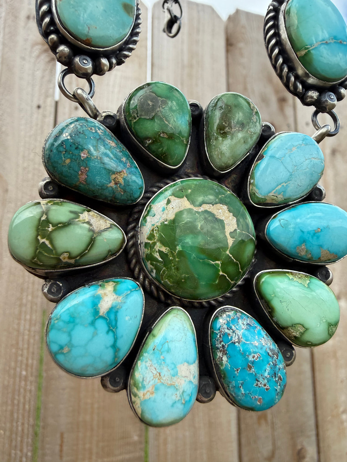 Navajo Sonoran Gold Turquoise Sterling Silver Full Flower Statement Necklace and Earrings