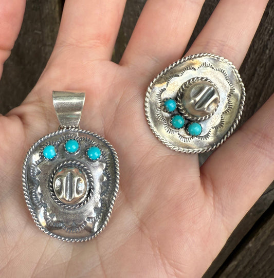 Navajo Turquoise Cowboy Hat Sterling Silver Pendant or Ring
