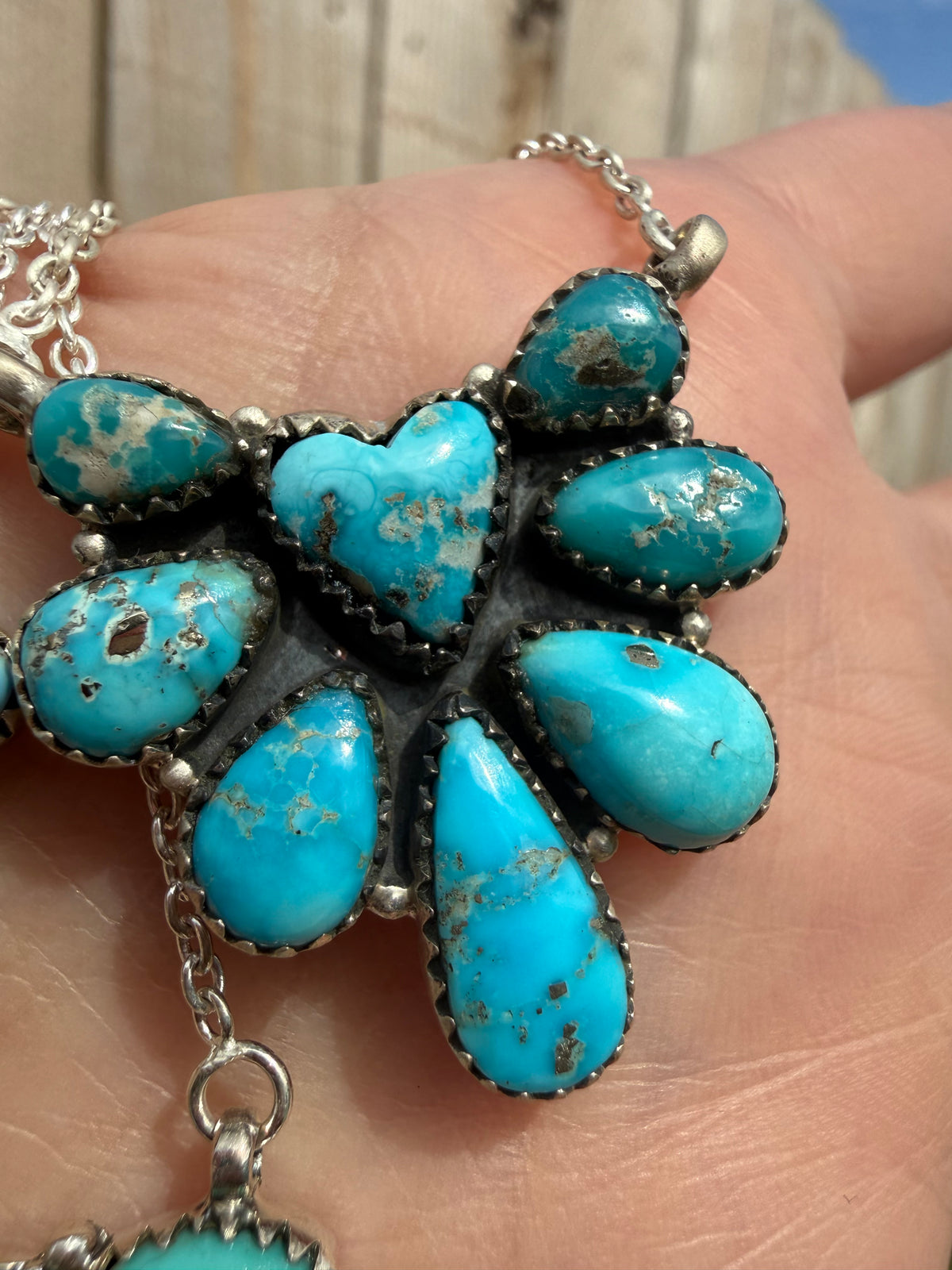 Premium Turquoise Heart Half Cluster Sterling Silver Necklace