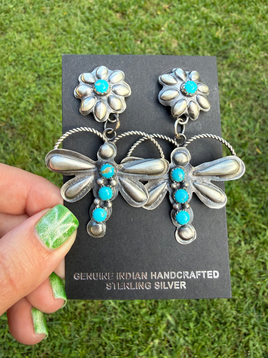 Navajo Turquoise Dragonfly Sterling Silver Earrings By Gabrielle Yazzie