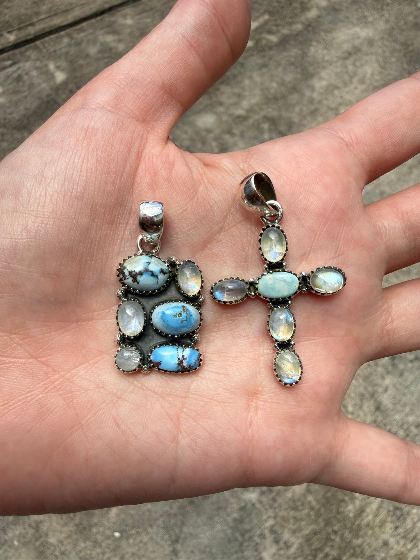 Rainbow Moonstone and Golden Hills Turquoise Sterling Silver Pendant