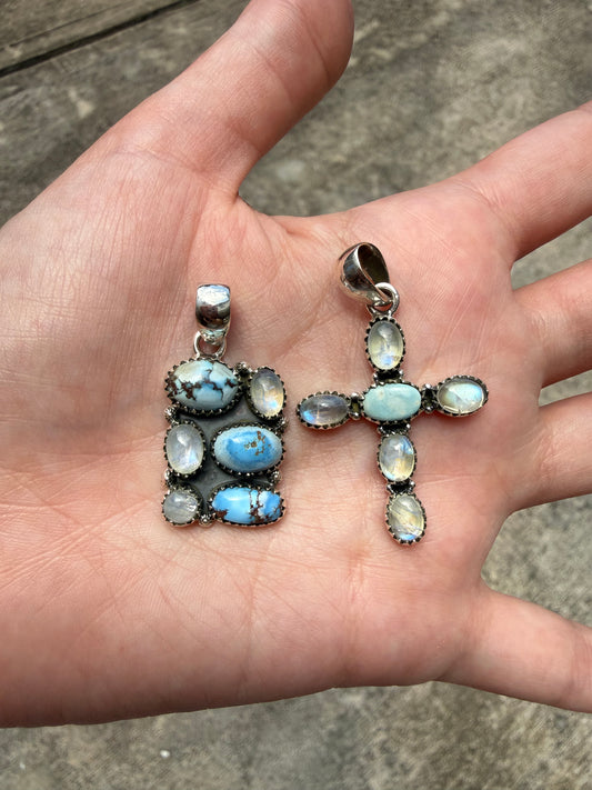 Rainbow Moonstone and Golden Hills Turquoise Sterling Silver Pendant