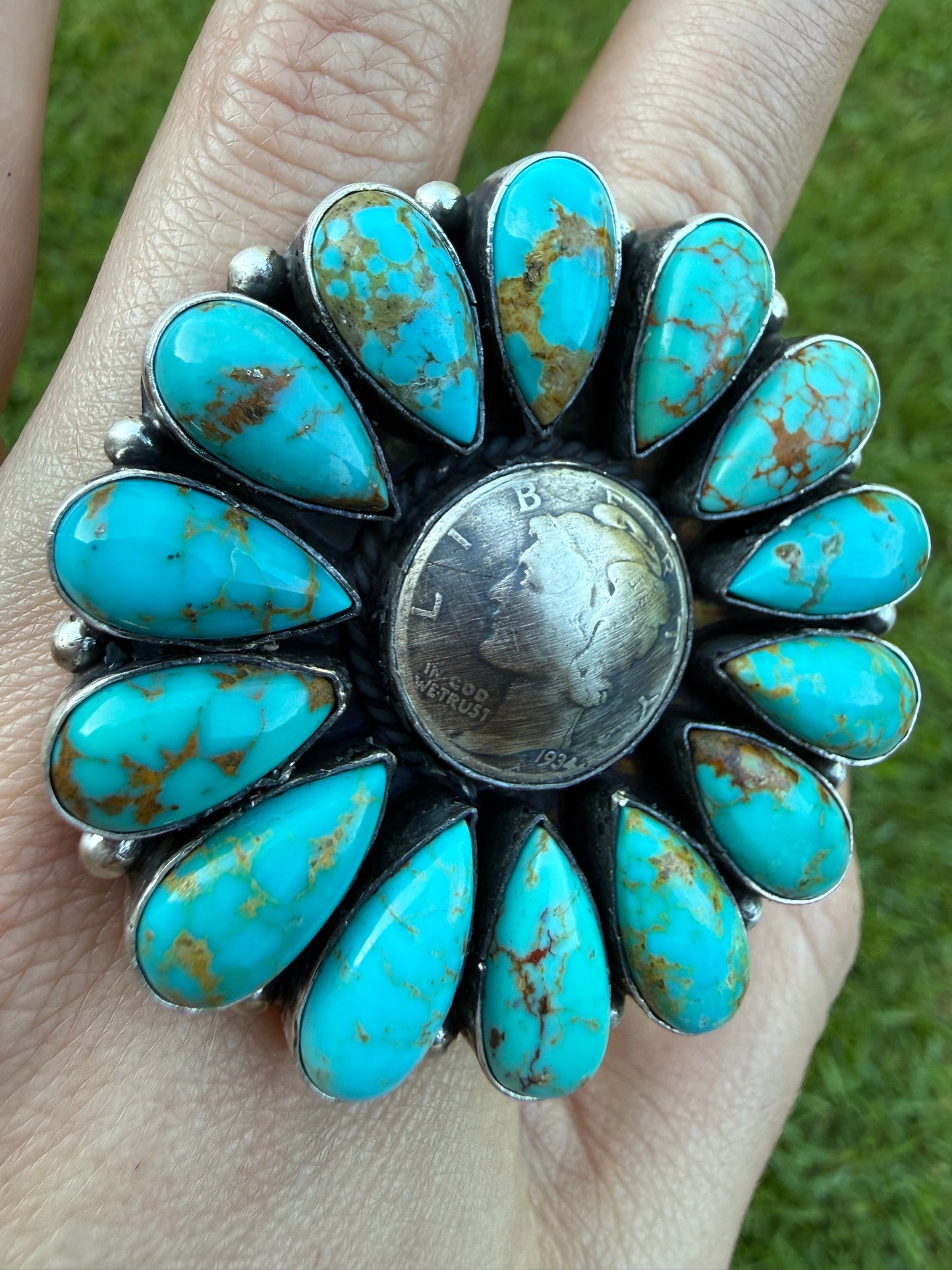 Native Coin Full Flower Kingman Turquoise Sterling Silver Adjustable Ring