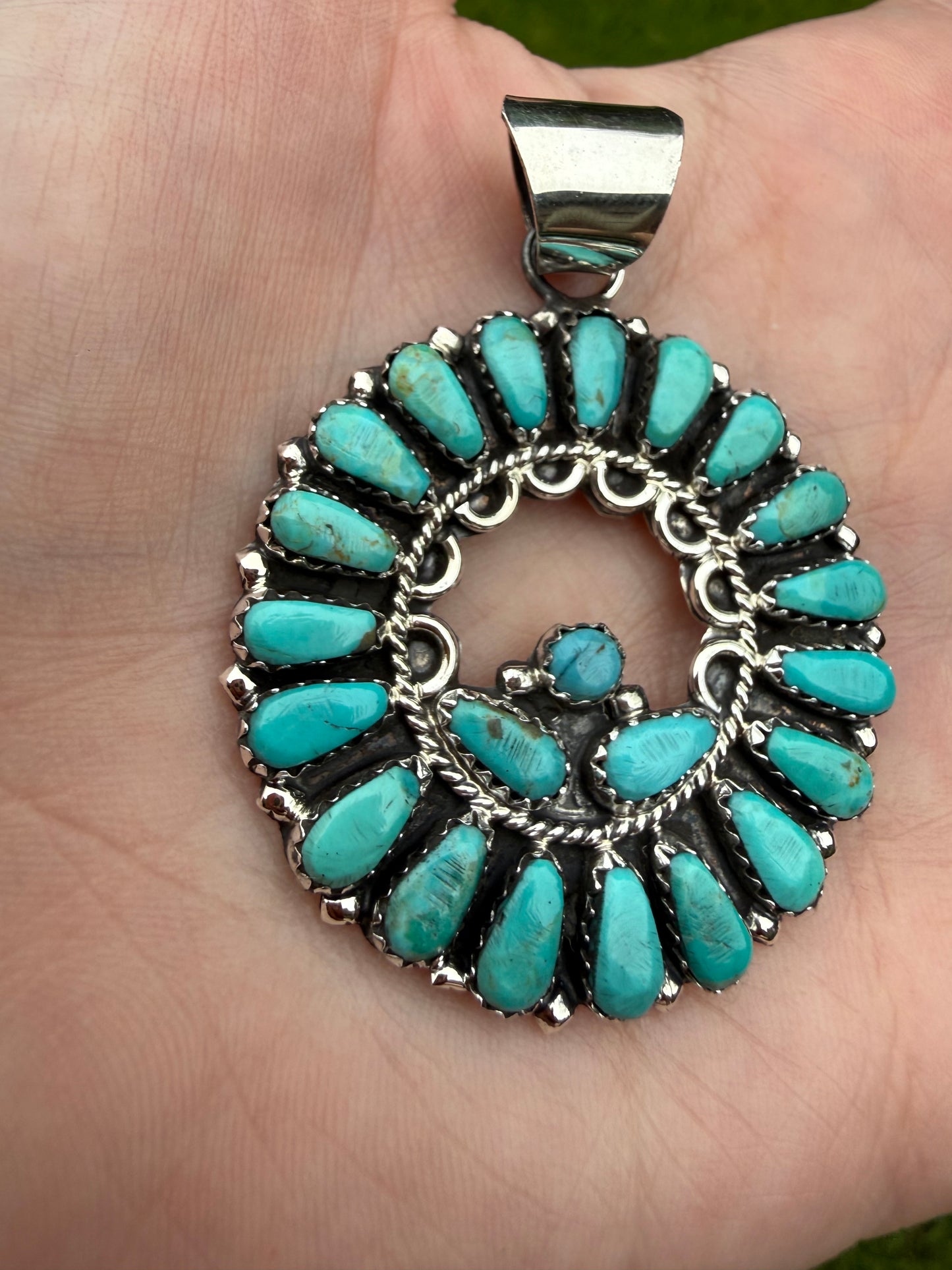 Navajo Native Turquoise Circle Cluster Sterling Silver Pendant