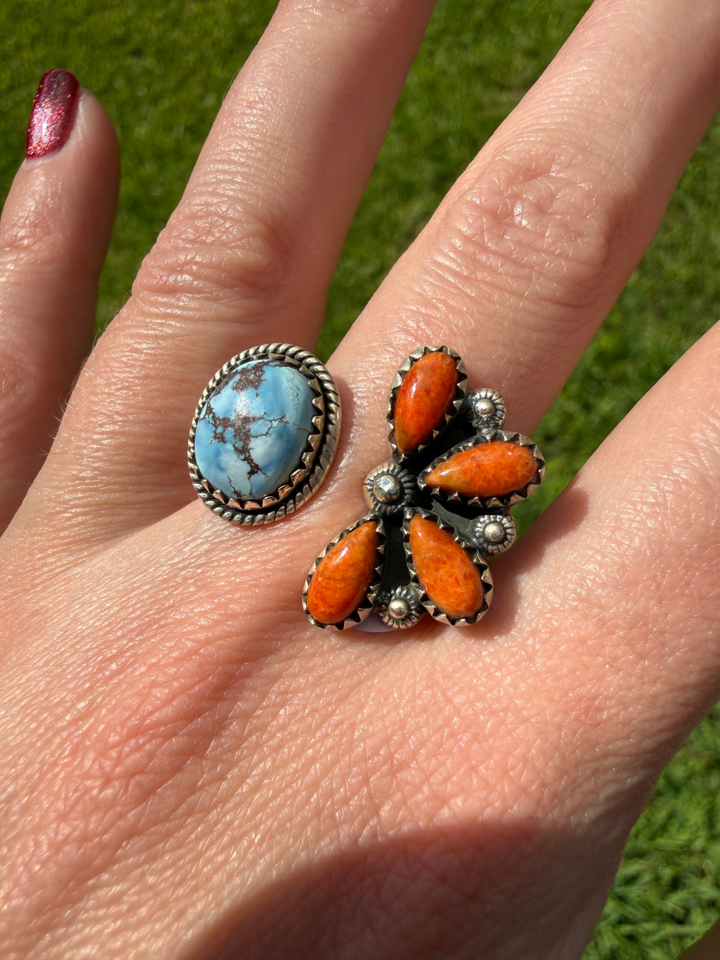 Golden Hills Turquoise and Orange Mojave Half Flower Floater Sterling Silver Ring