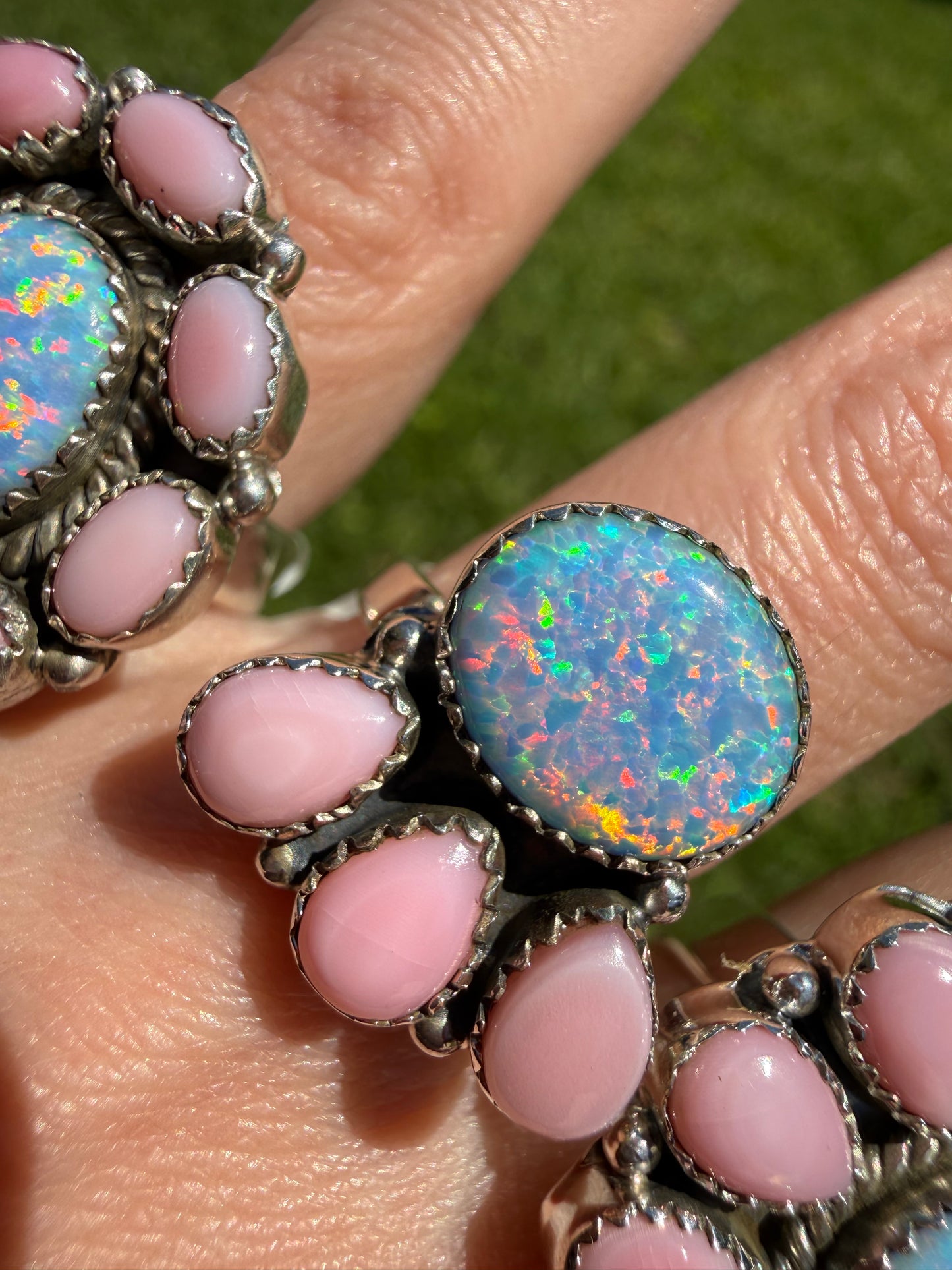 Pink Conch and Balloon Opal Sterling Silver Adjustable Rings