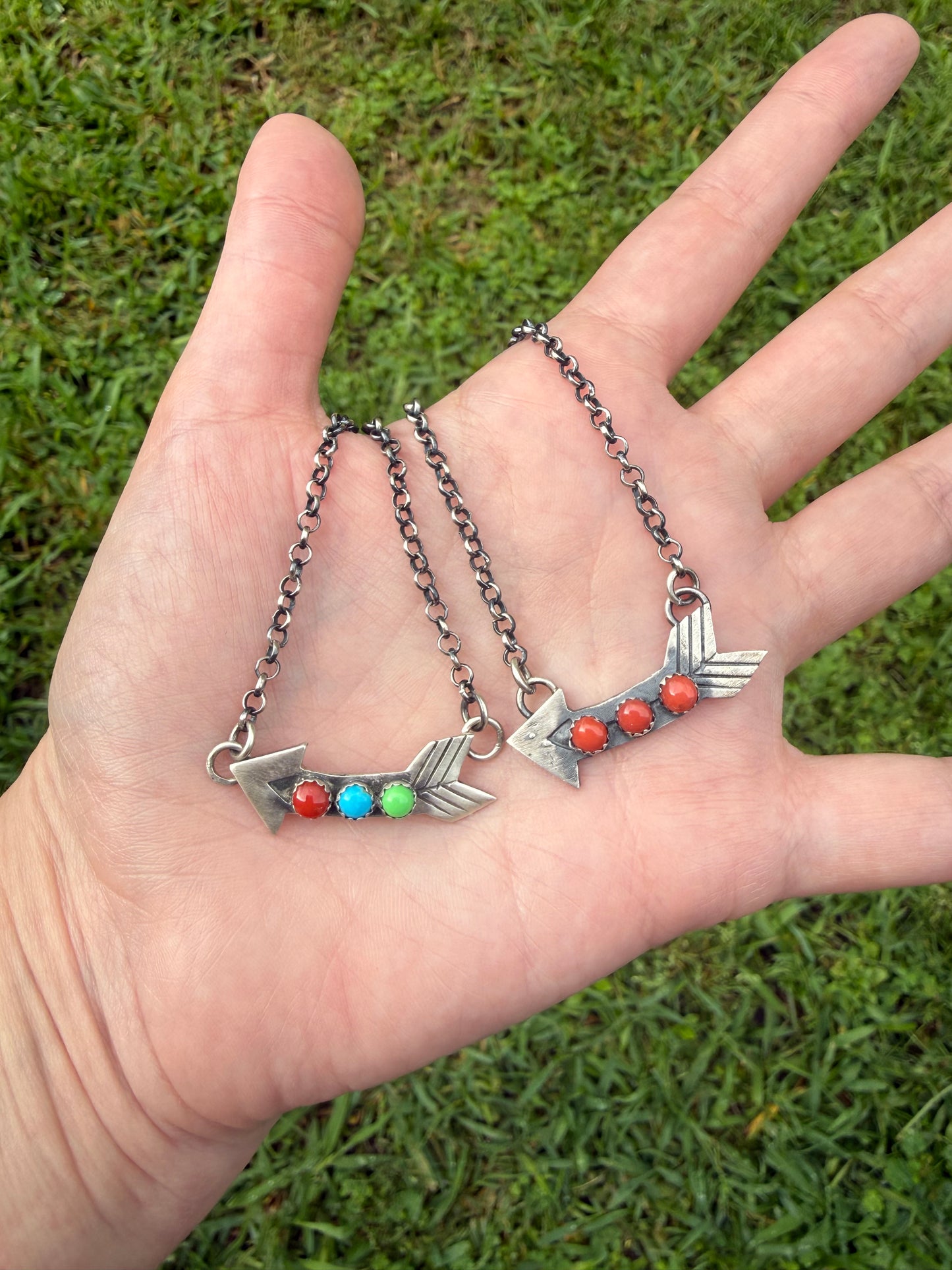 Native Coral or Multi Stone Arrow Sterling Silver Necklace