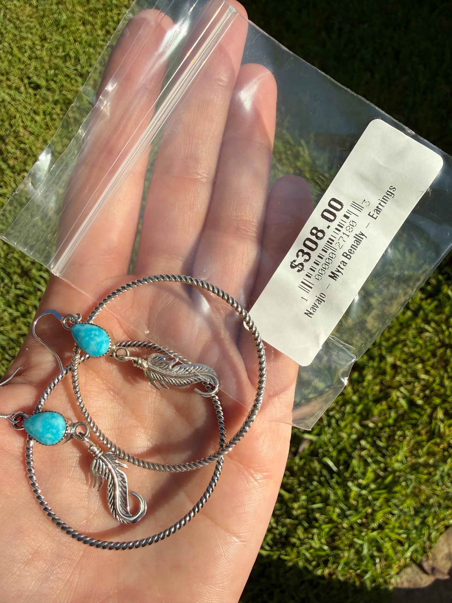 Navajo Turquoise Feather Dangle Hoop Sterling Silver Earrings