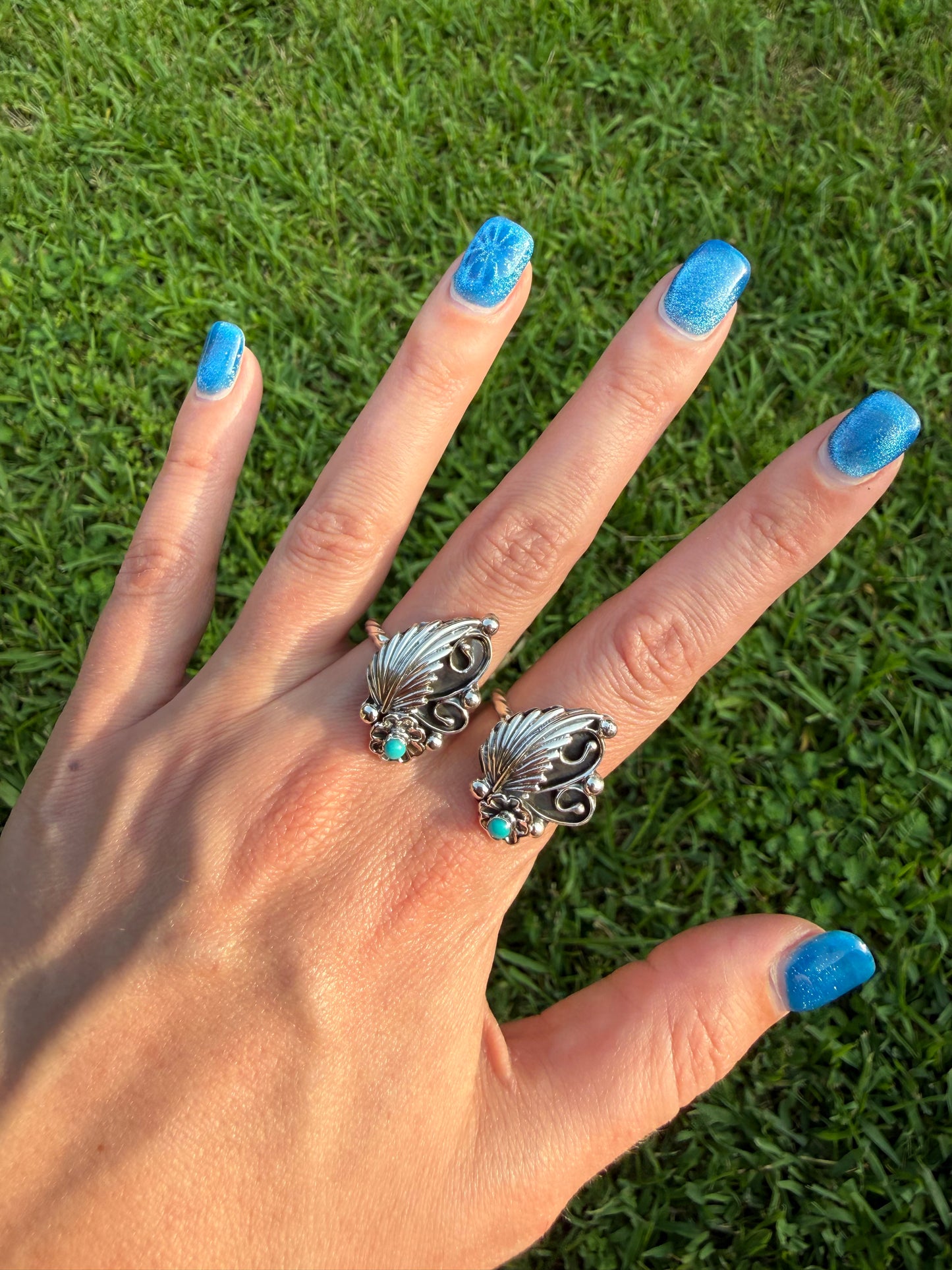 Navajo Turquoise Leaf and Flower Accent Sterling Silver Ring