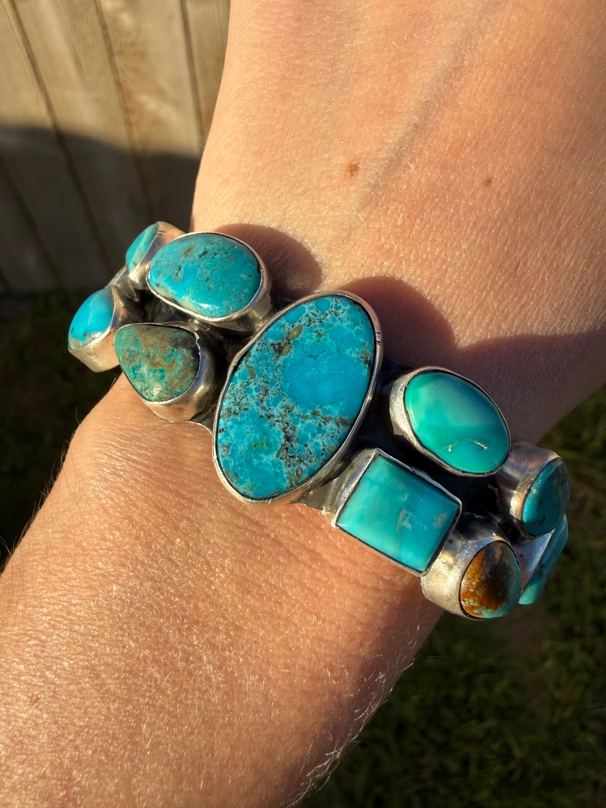 Navajo Turquoise Natural Stone Cluster Cuff Sterling Silver Bracelet