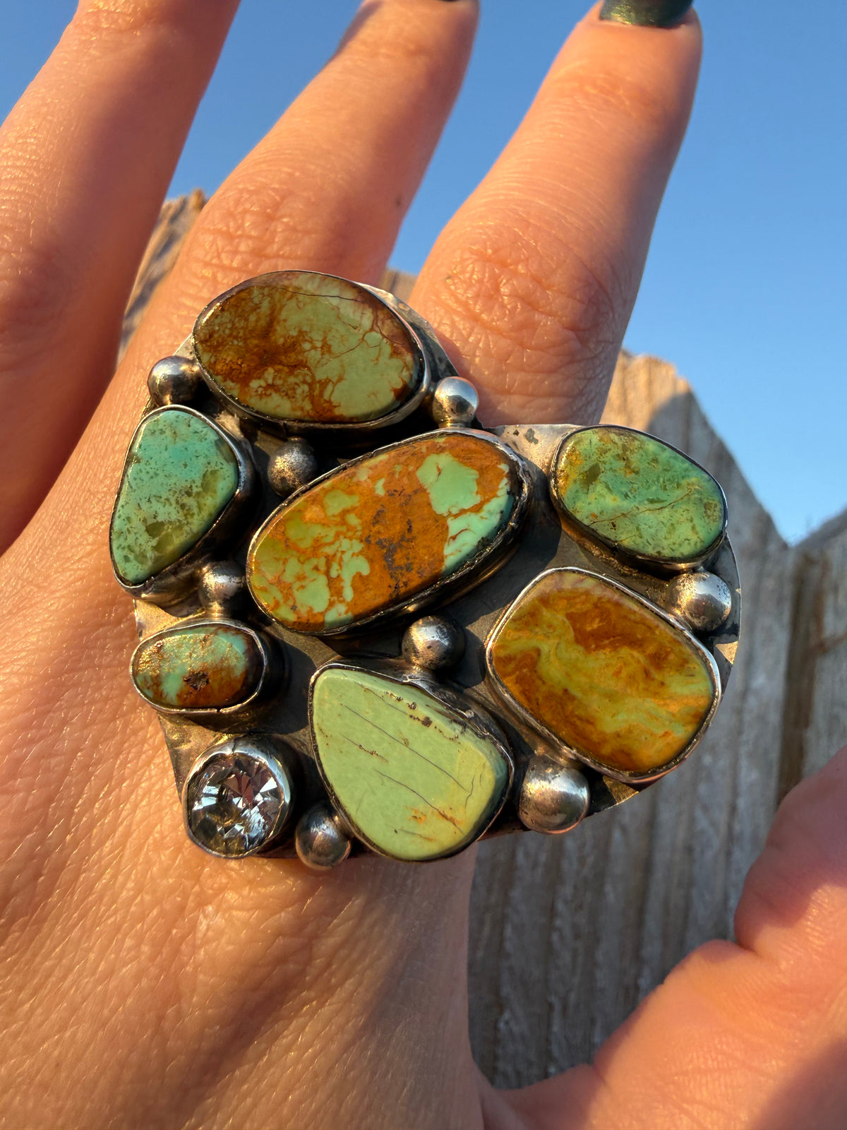 Navajo Turquoise Cluster with Crystal Heart Cluster Sterling Silver Ring