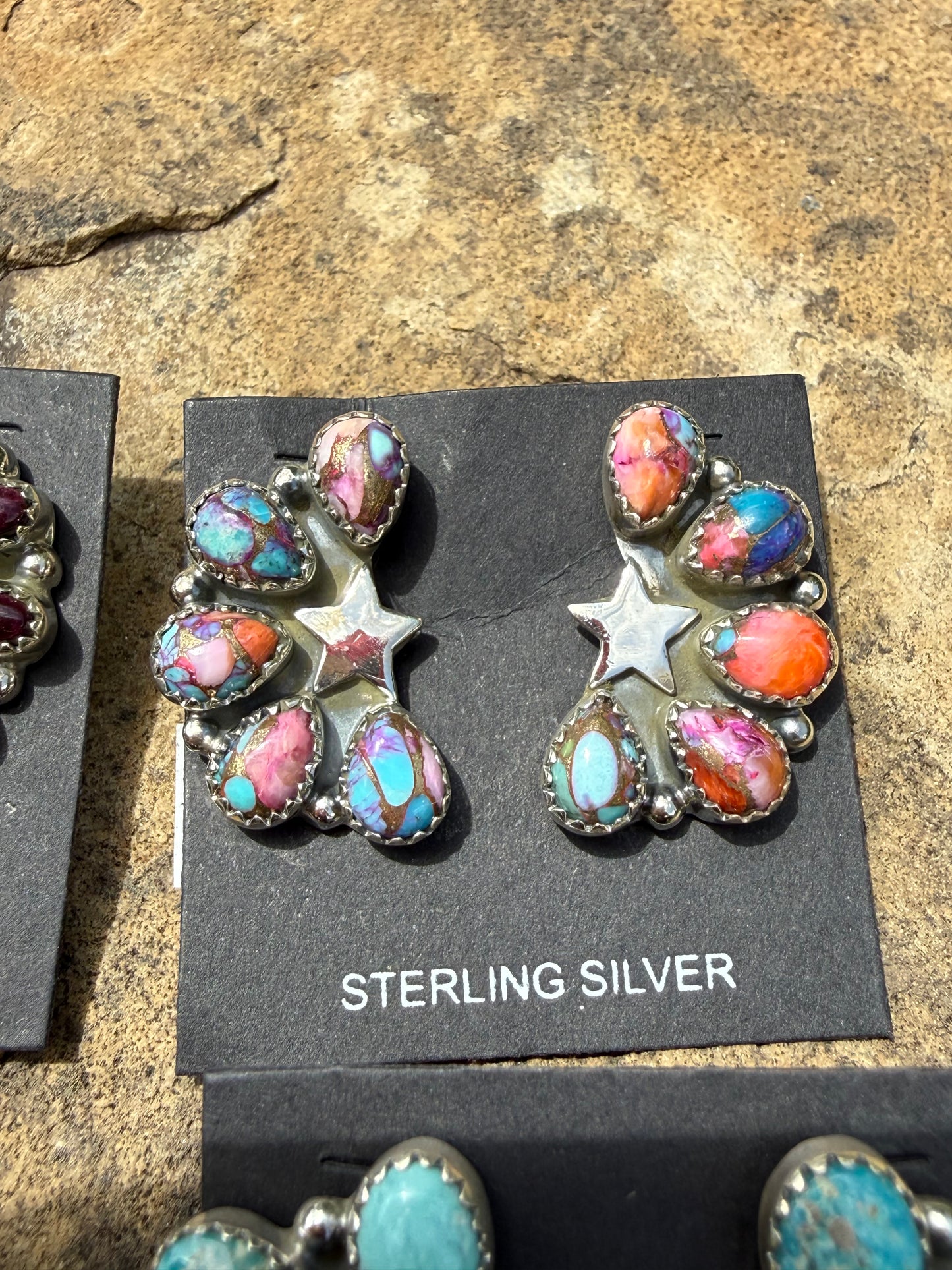 Turquoise Star and Multi Stone Half Cluster Sterling Silver Earrings
