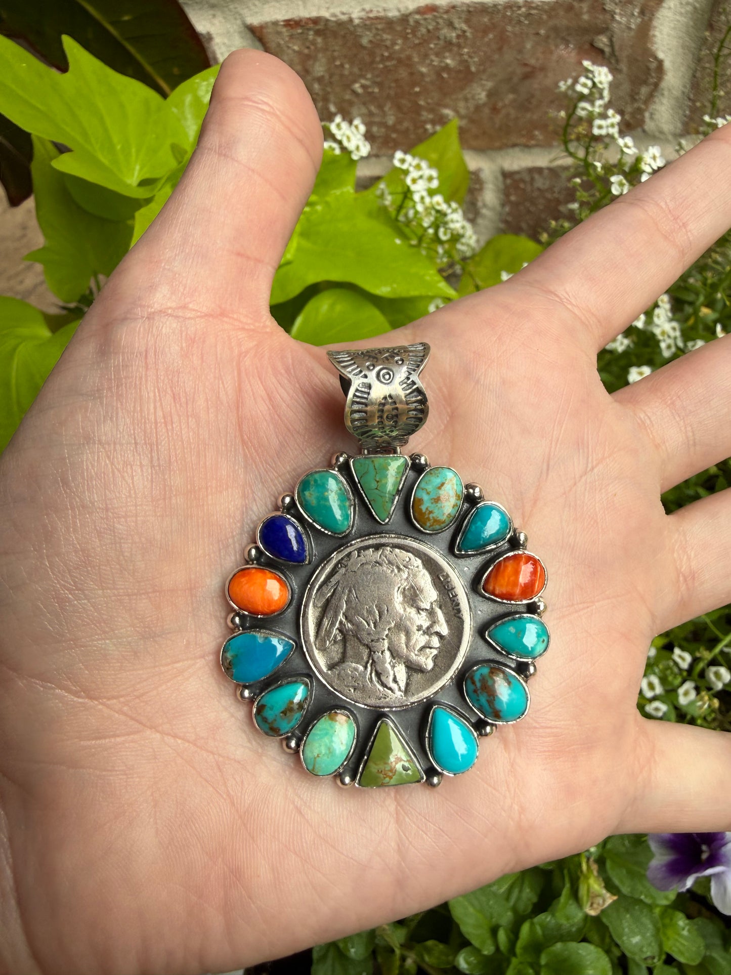 Multi Stone Full Flower Liberty Coin Sterling Silver Pendant