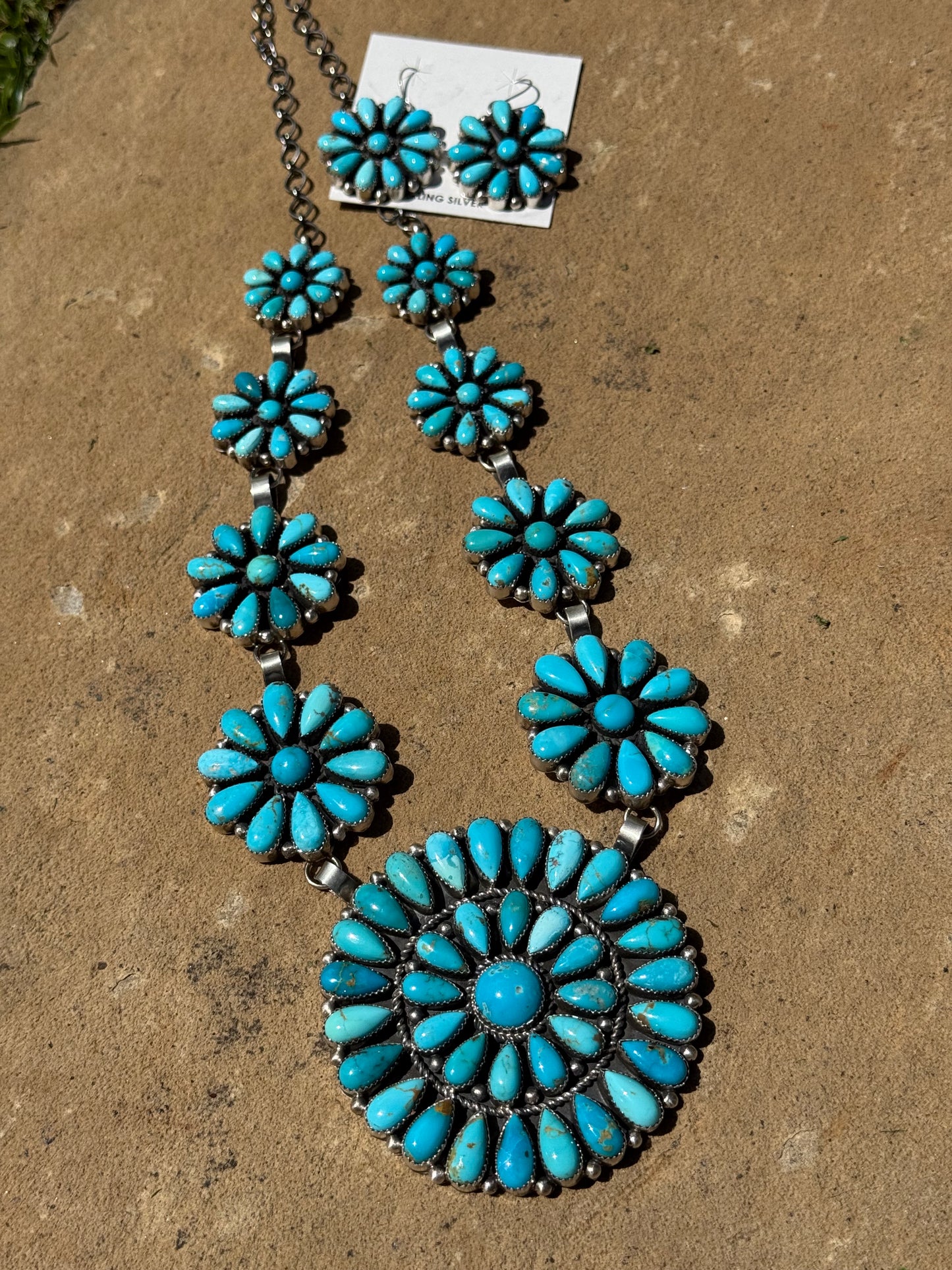Navajo Turquoise Huge Full Flower Statement Sterling Silver Necklace and Earrings by Pansy Johnson