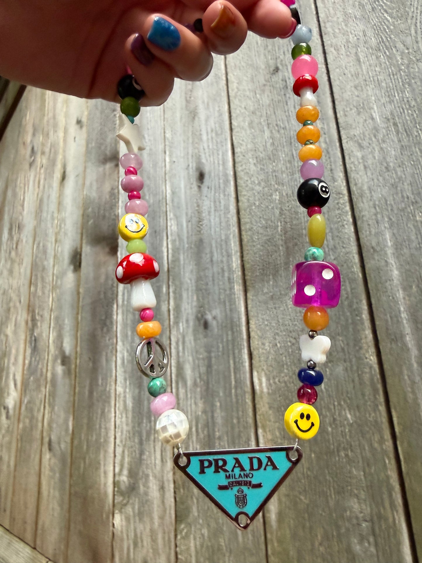 Funky Fun Prada Plate Beaded Necklace