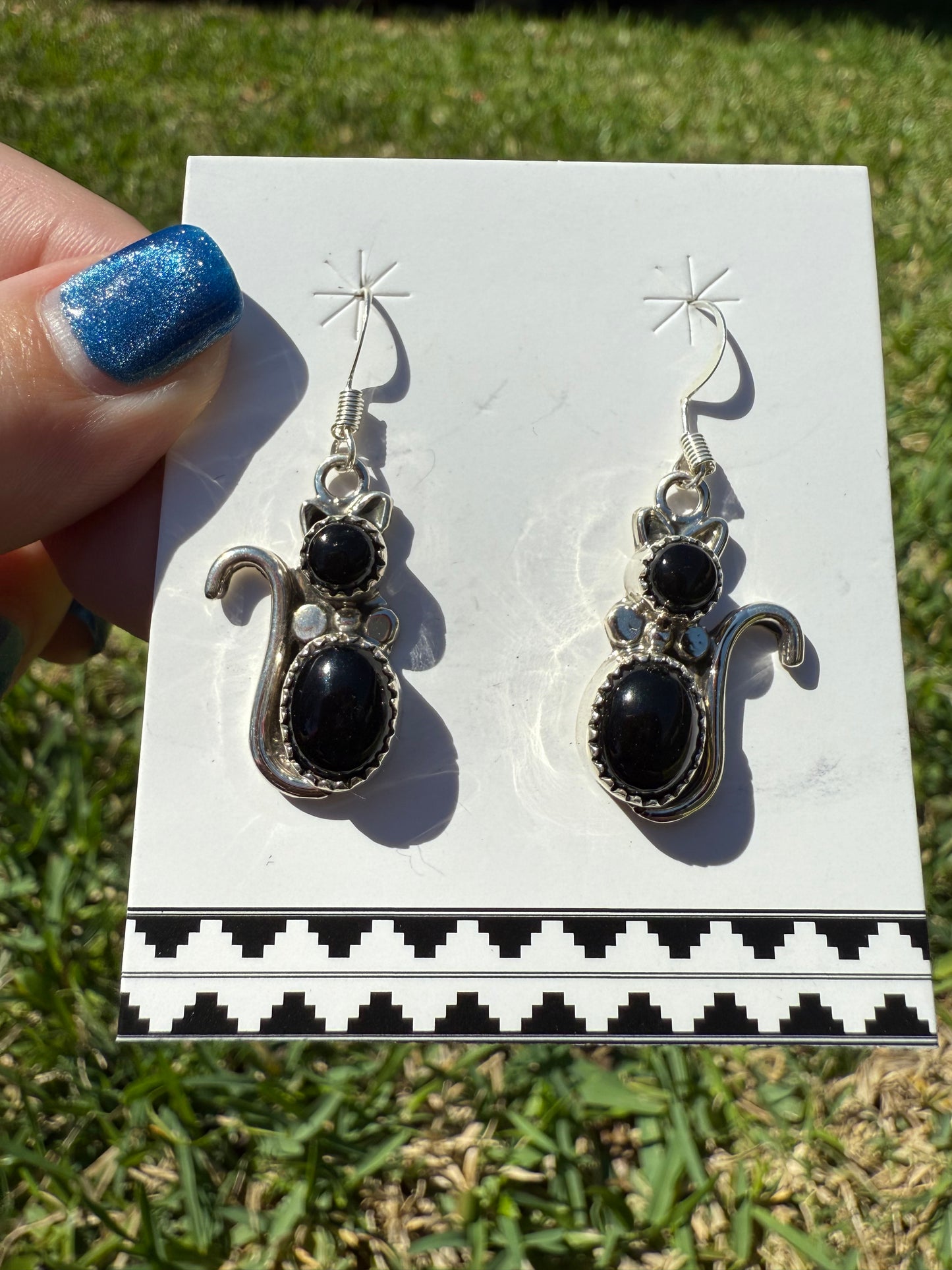 Navajo Black Onyx Cat Sterling Silver Dangle Earrings