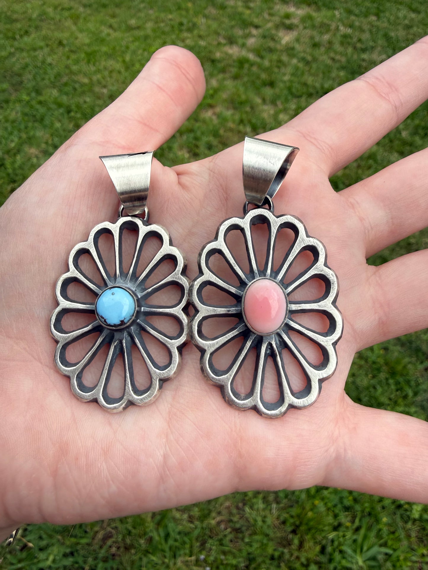 Navajo Chimney Butte Sterling Silver Flower with Stone Accent Pendant