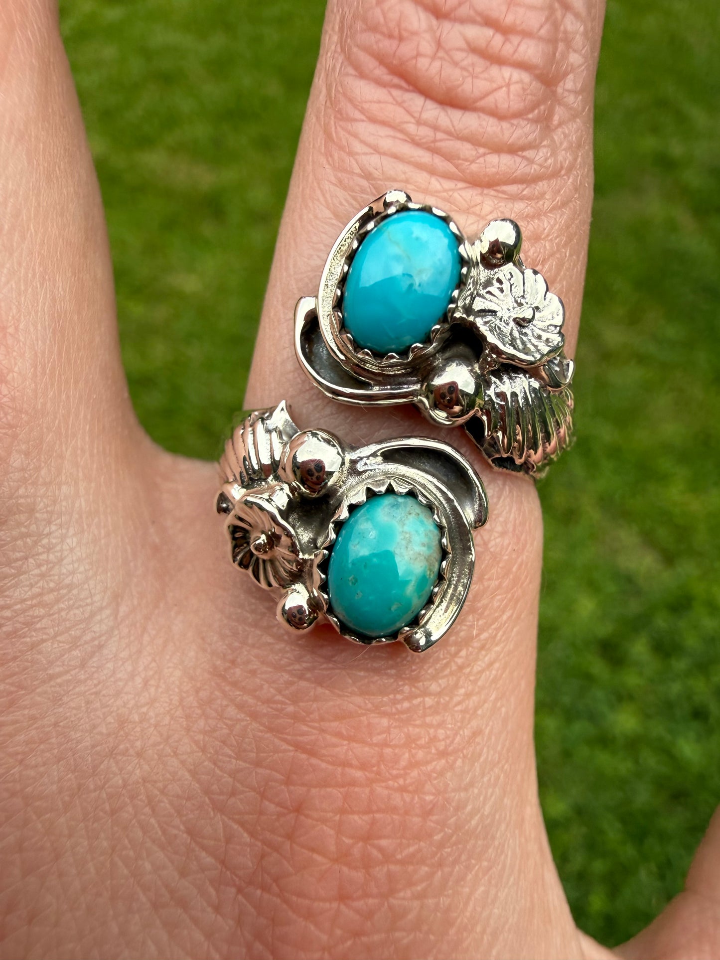 Navajo Double Stone with Flower Accent Floater Bypass Sterling Silver Ring