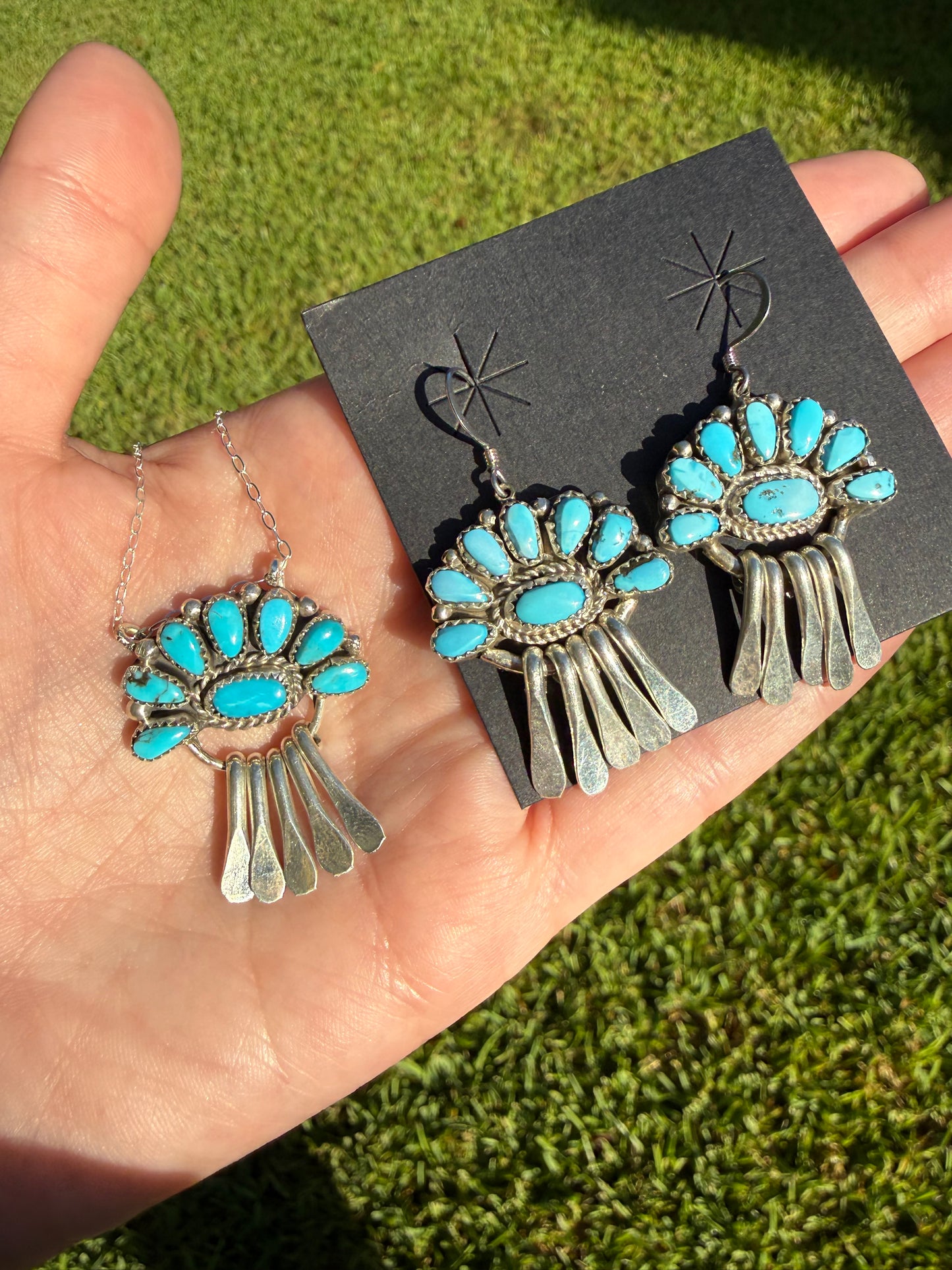 Navajo Turquoise Half Flower Cluster Sterling Silver Earrings or Necklace