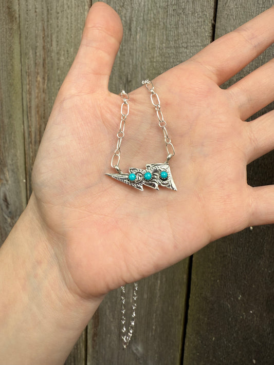 Navajo Turquoise Lightening Bolt  Sterling Silver Necklace by Arthur Bruggeman