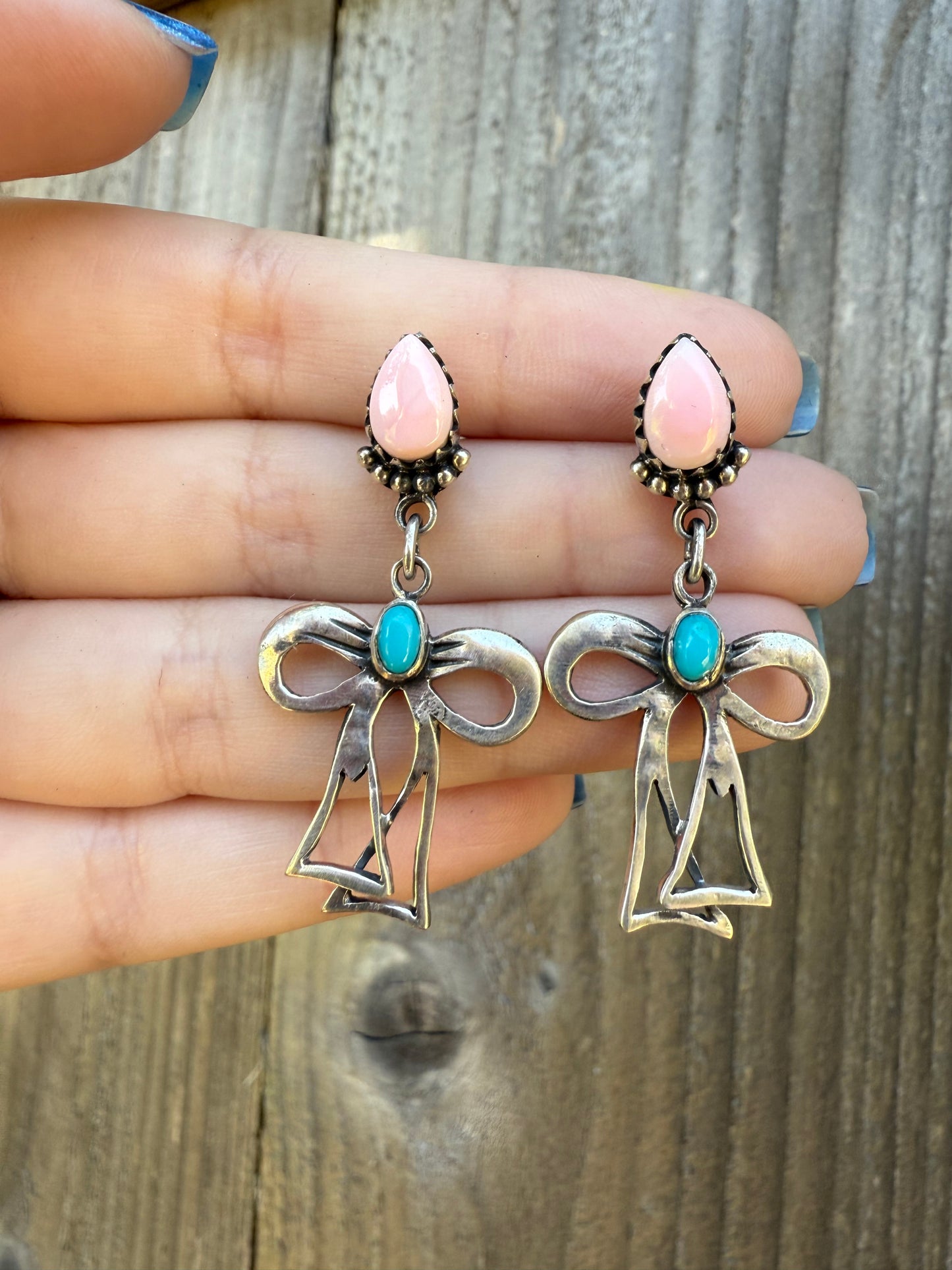 Turquoise and Pink Conch Sterling Silver Dangle Bow Earrings