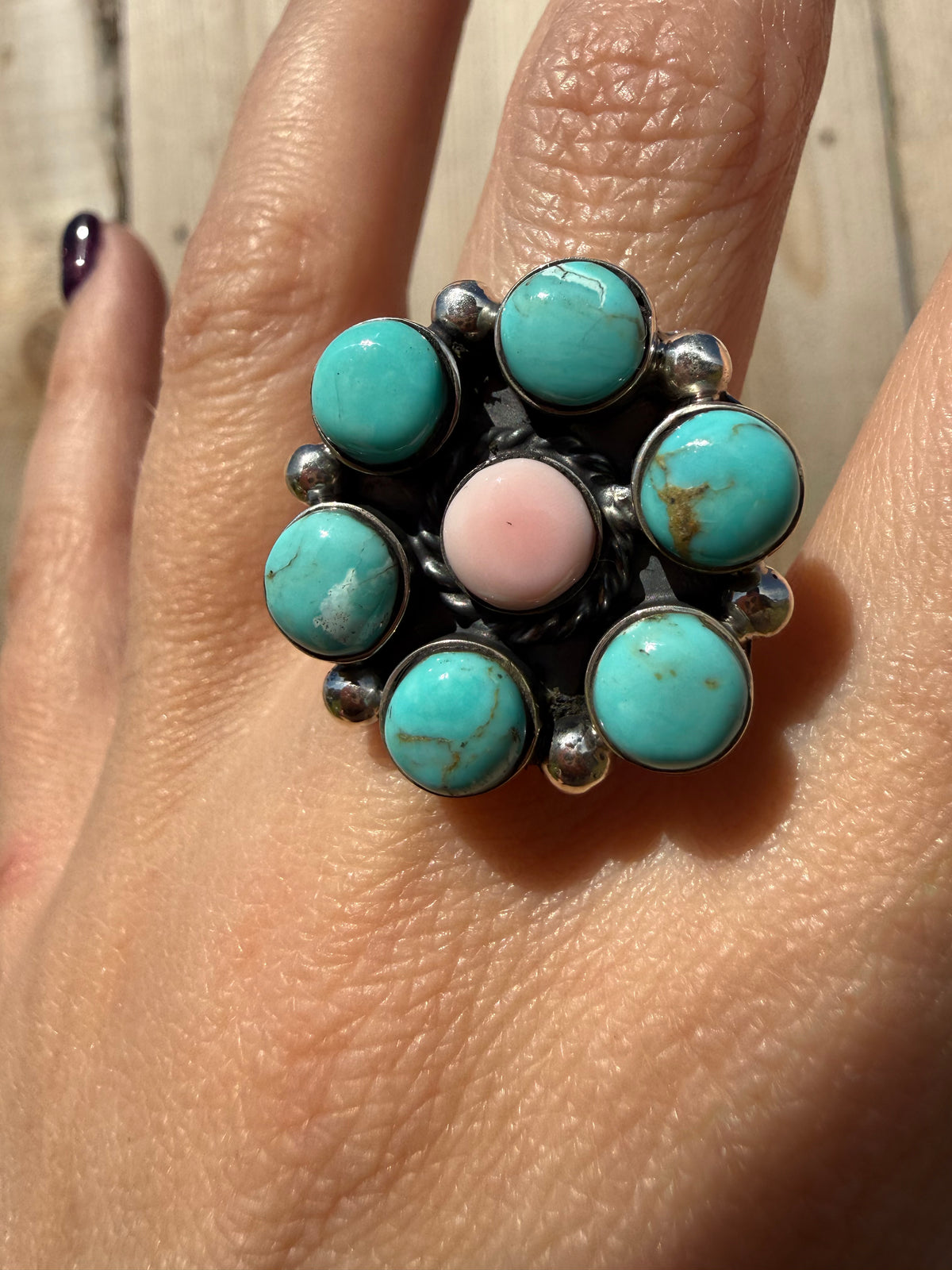 Navajo Turquoise and Pink Conch Full Flower Sterling Silver Ring - Size 6