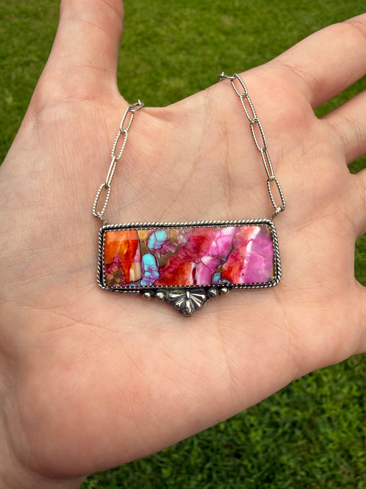 Pink Spiny Dahlia Sterling Silver Bar Necklace