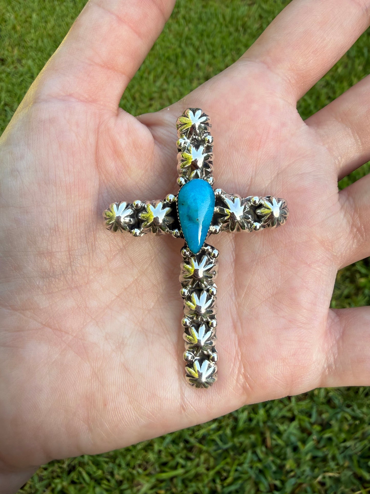 Navajo Turquoise Peyote Button Sterling Shepards Hook Pendant