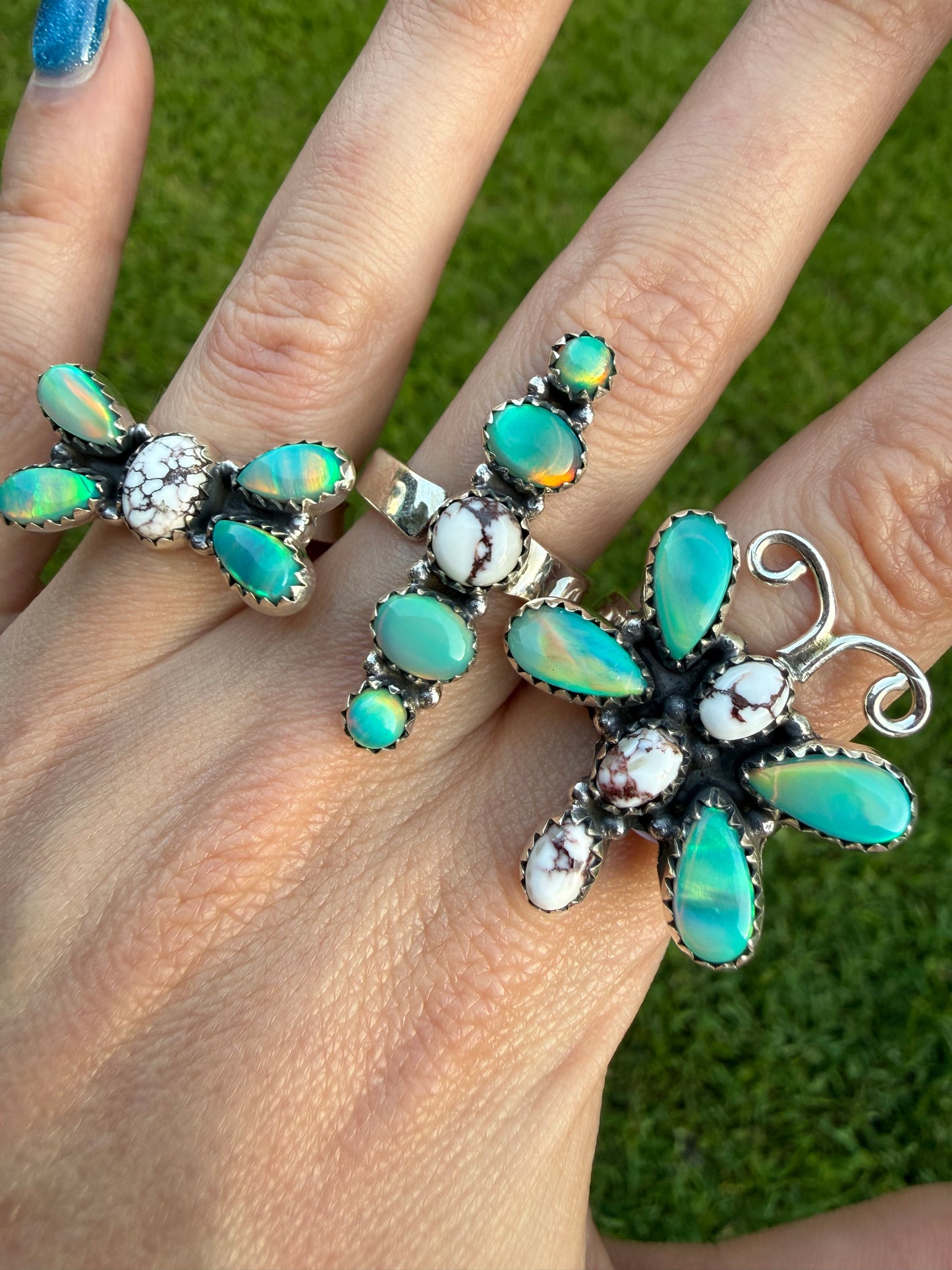 Wild Horse and Green Balloon Opal Sterling Silver Adjustable Rings
