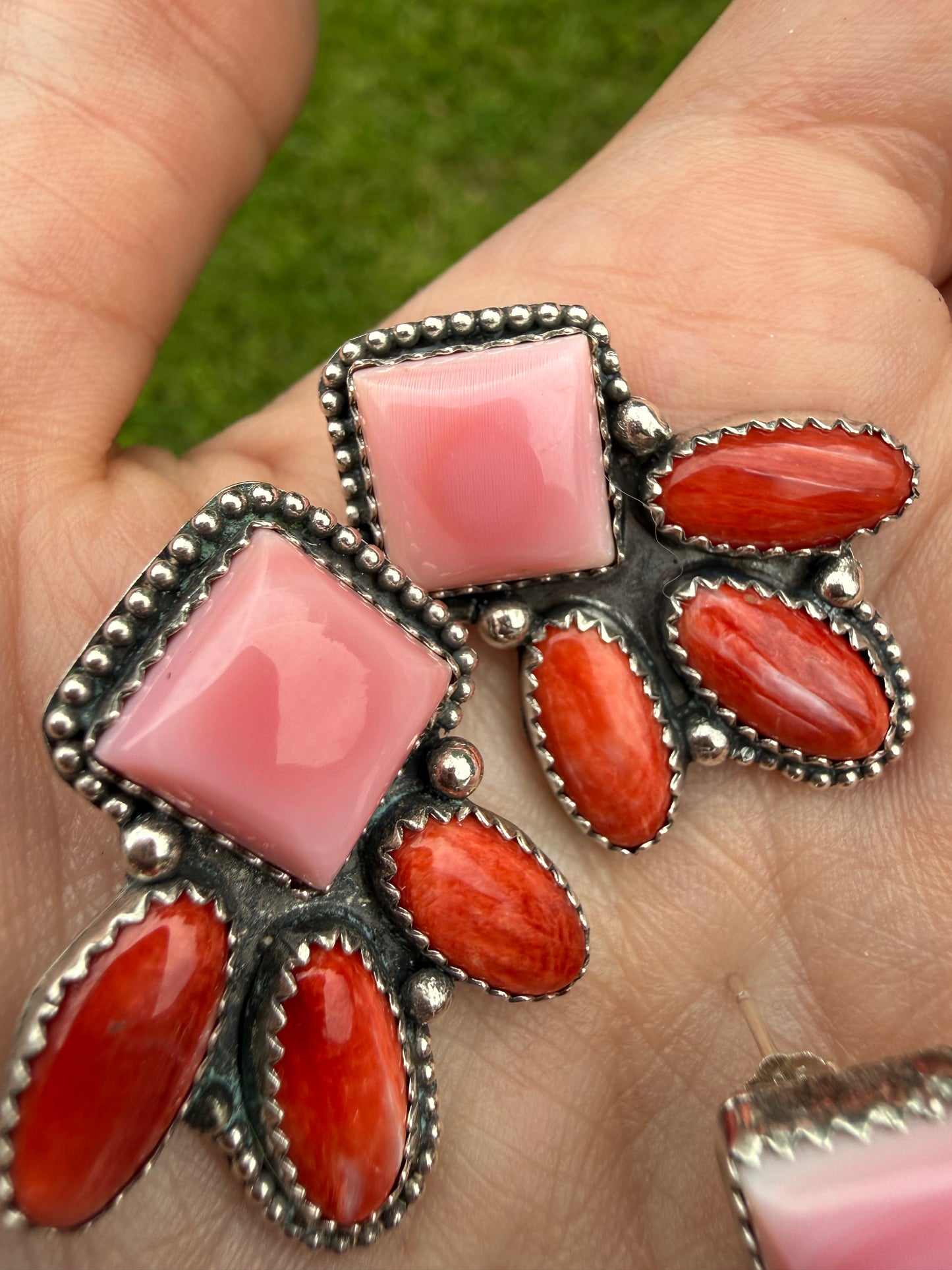 Pink Conch Sterling Silver Multi Stone Stud Earrings