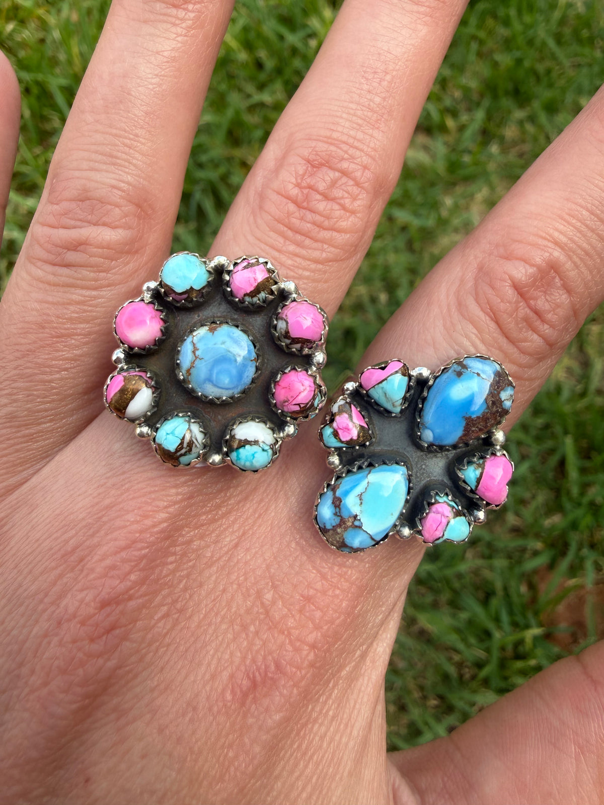 Golden Hills Turquoise and Cotton Candy Turquoise Sterling Silver Cluster Ring